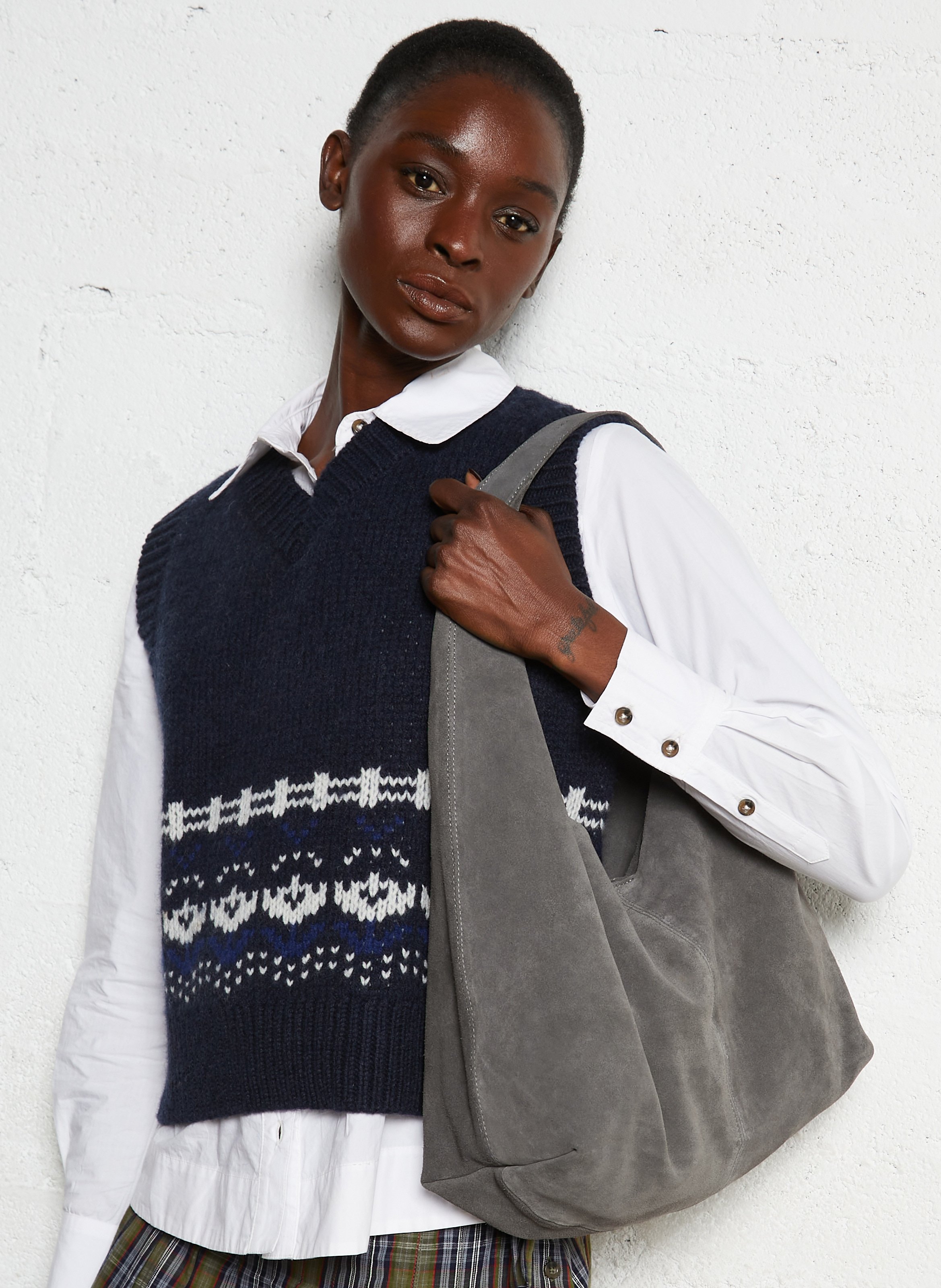 Plain suede leather Hobo bag IKKS Grey