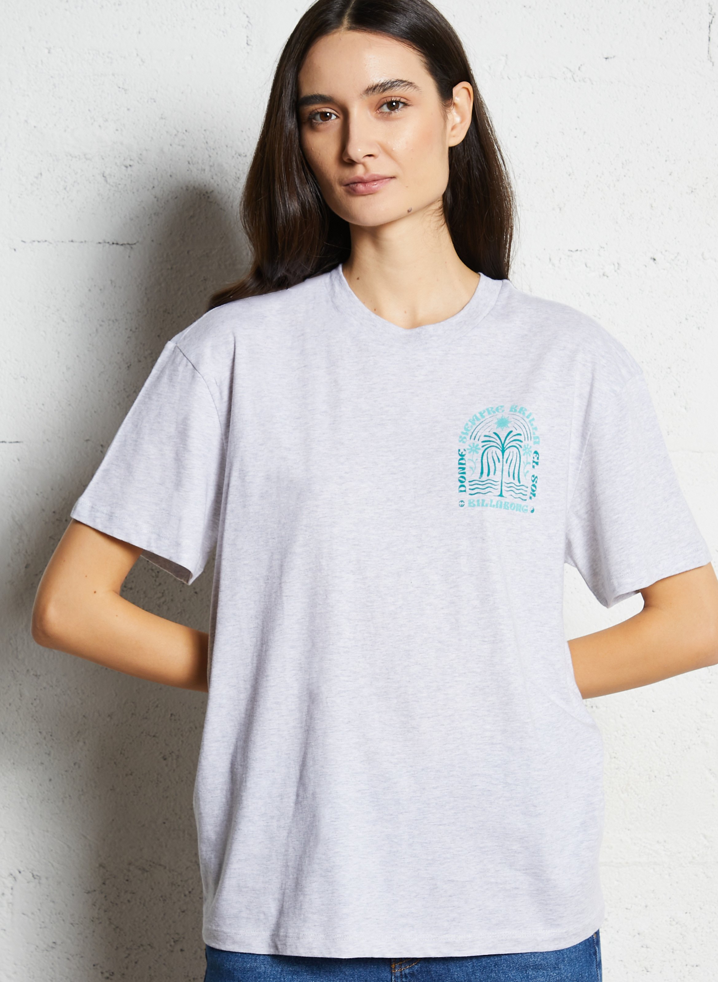 Tee-shirt droit col rond imprimé en coton BILLABONG Gris