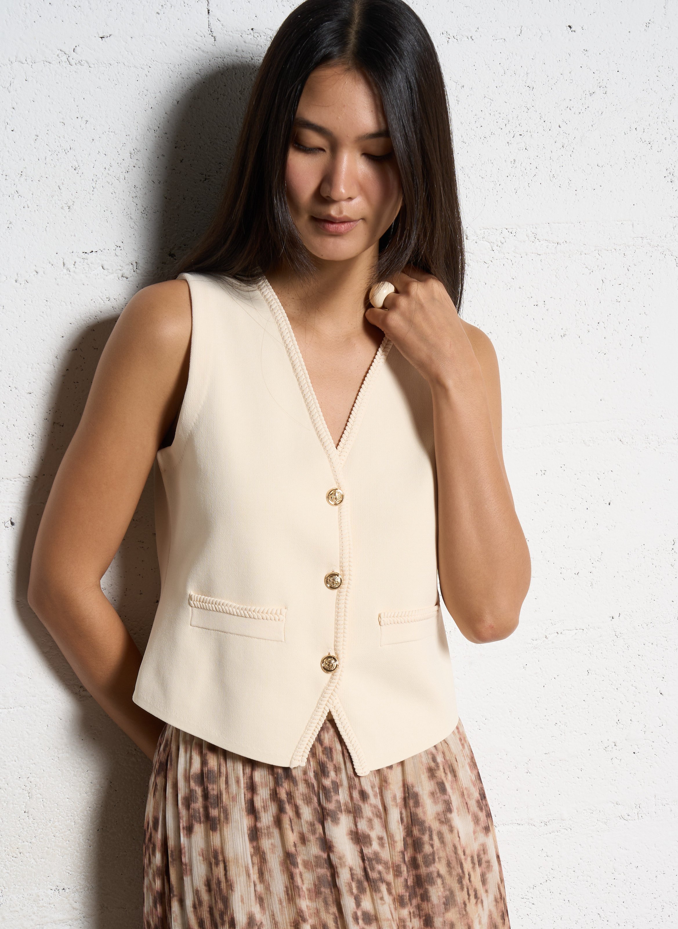 Top droit col V boutonné SUNCOO Blanc