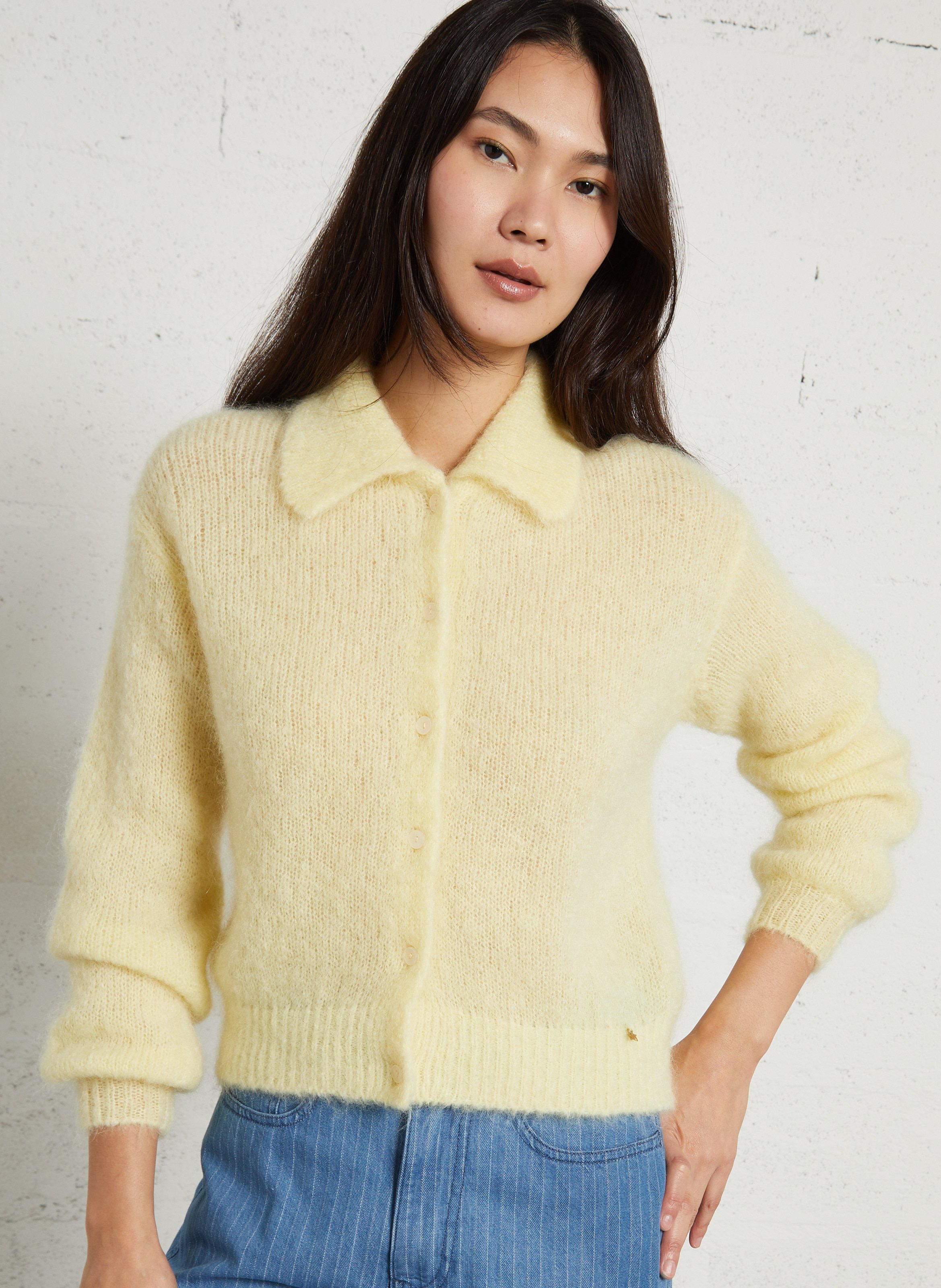 Polo-halstrui cardigan van gemengde mohair DES PETITS HAUTS Geel