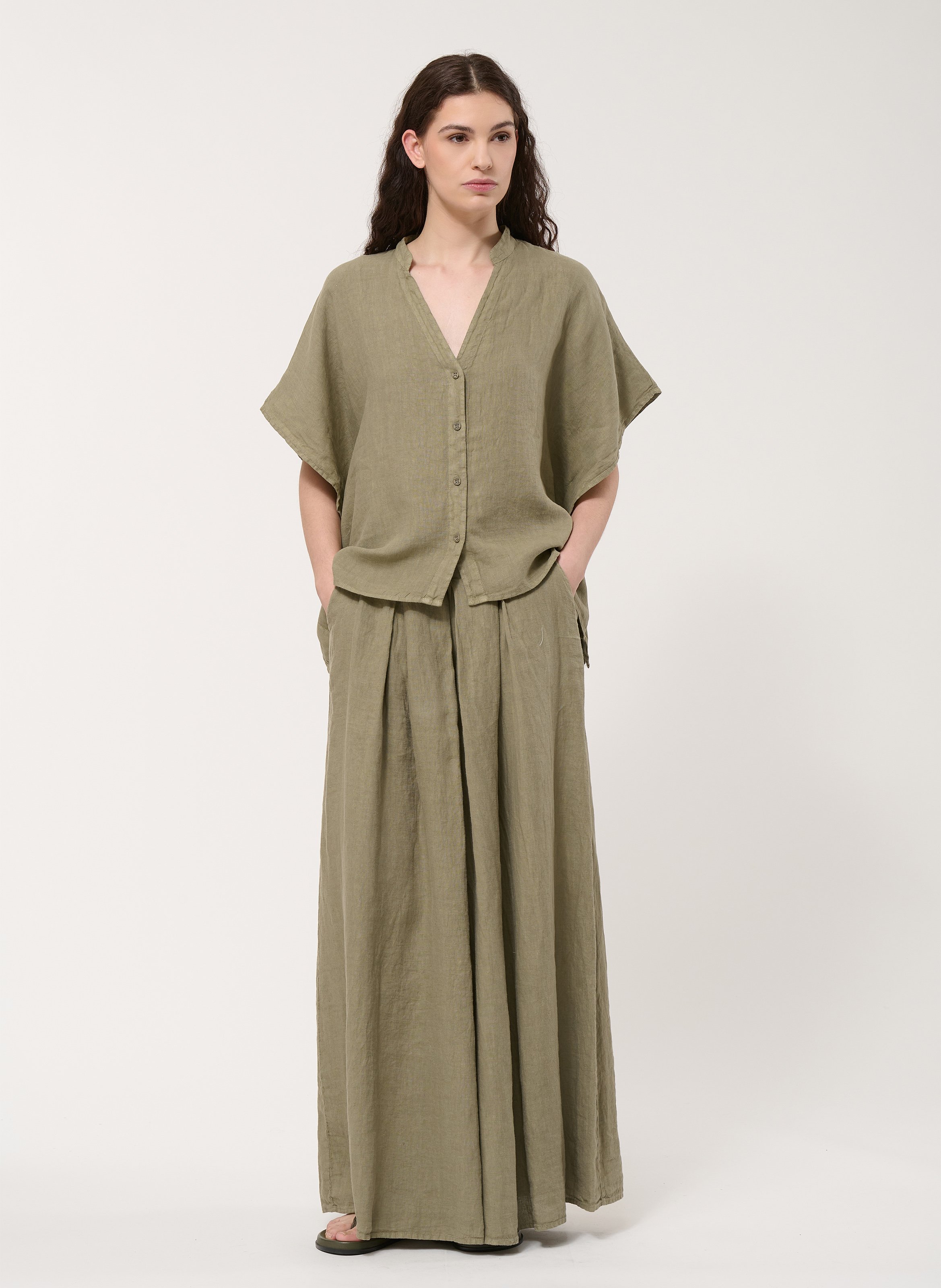 Chemisier oversize col tunisien en lin HUMILITY Vert