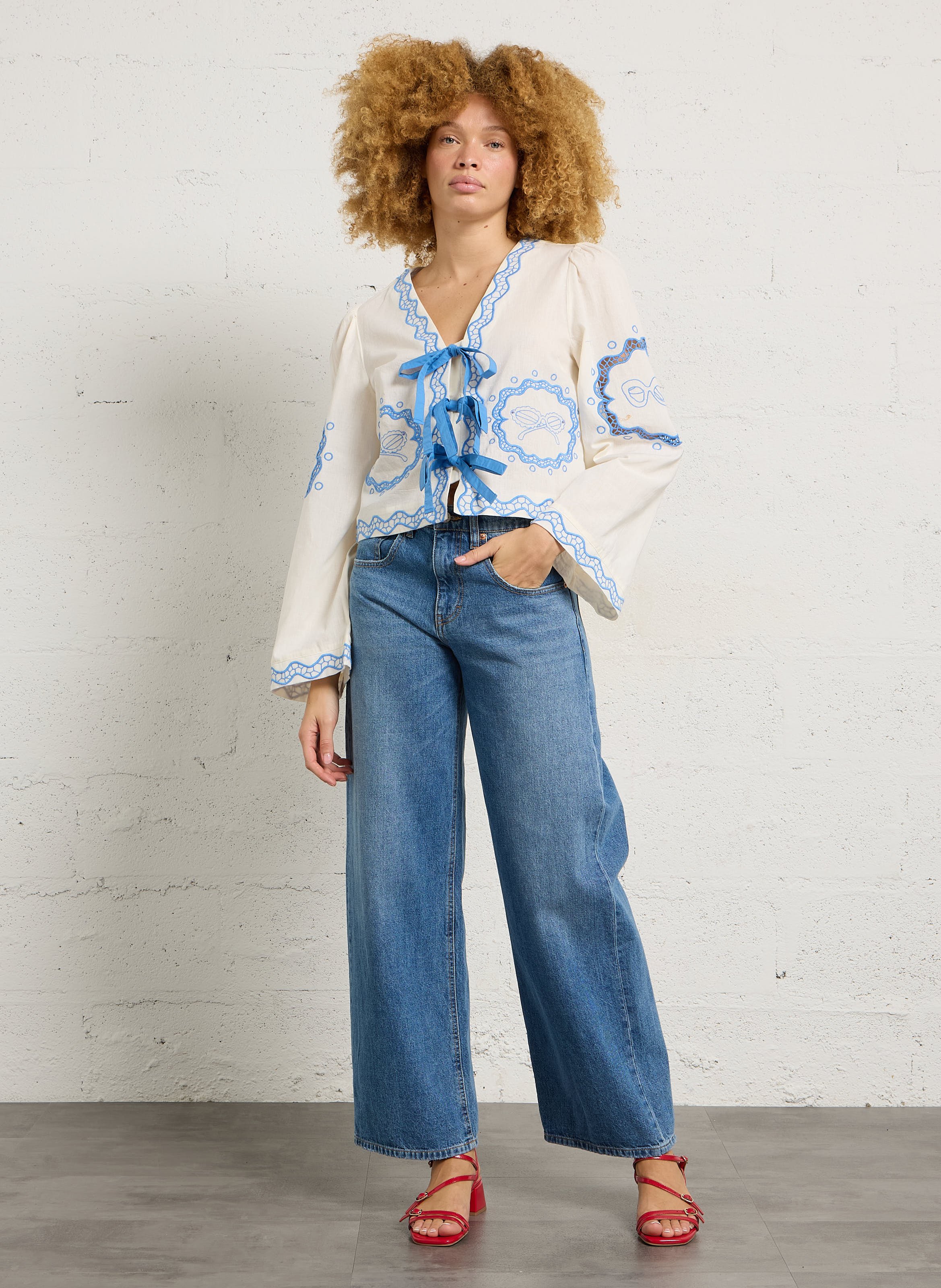 Mixed cotton v-neck top FABIENNE CHAPOT White