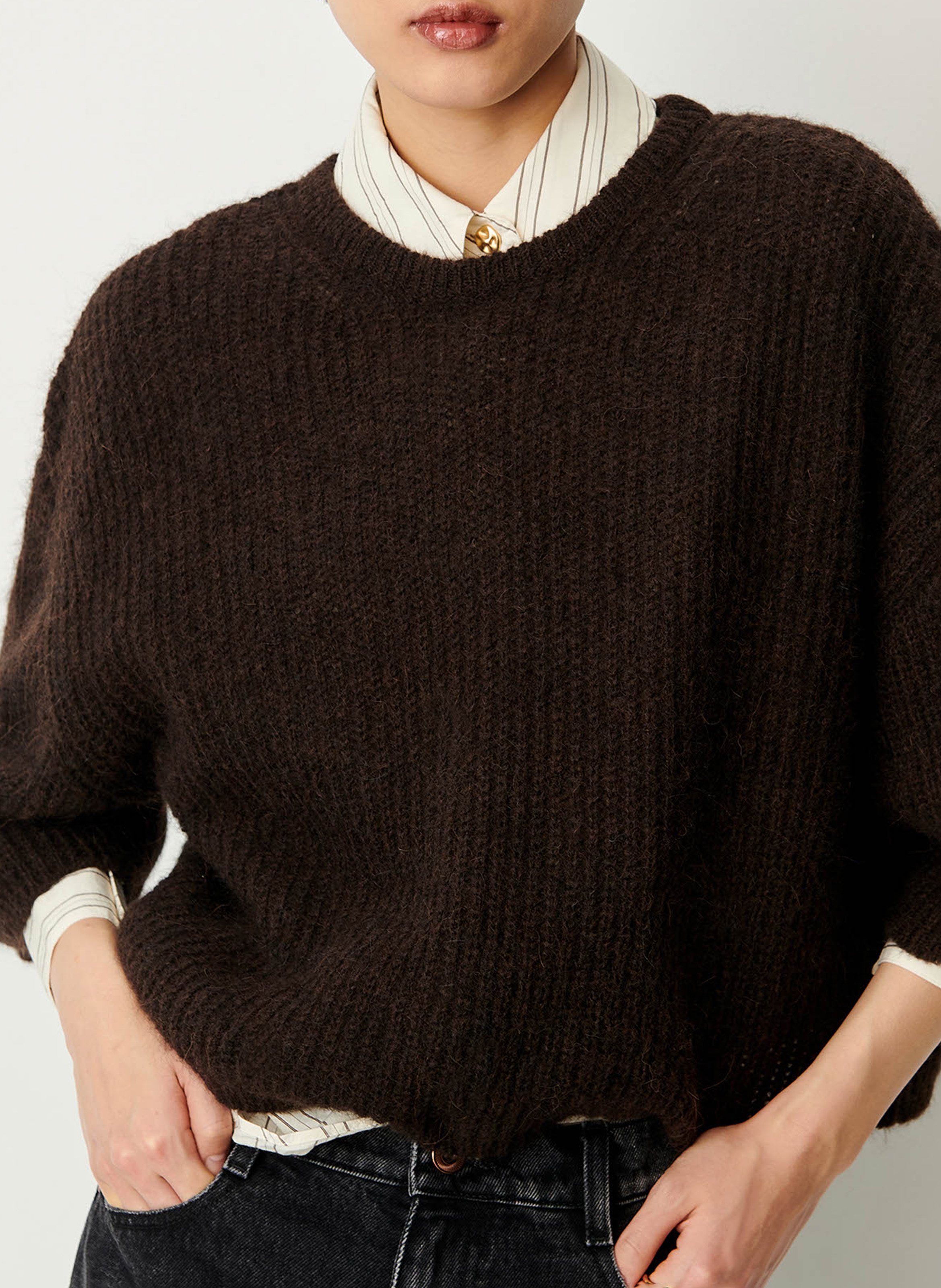Ample round neck sweater with 3/4 sleeves in blended wool. SESSUN Brown
