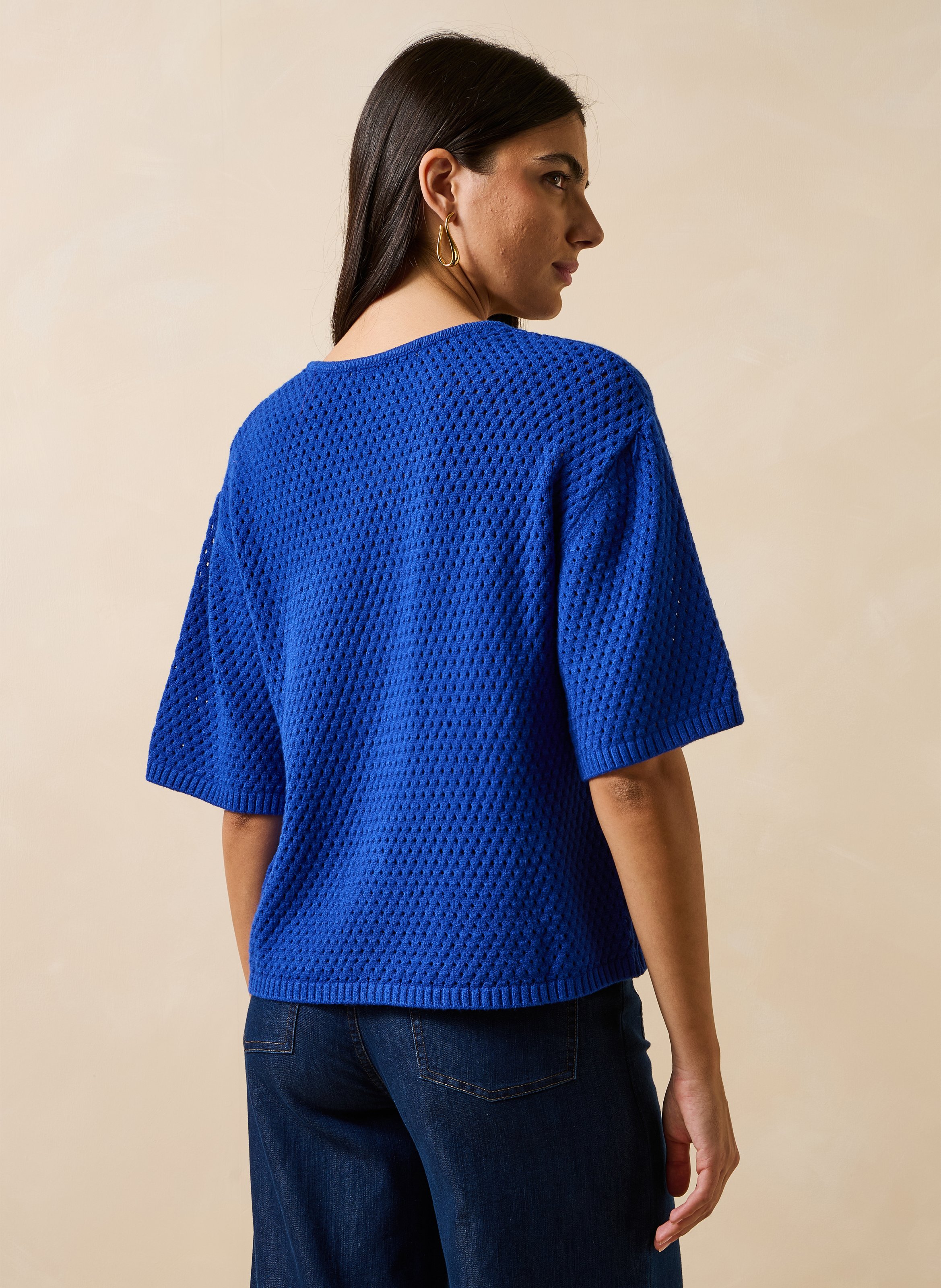 Loose round-neck sleeveless cardigan in openwork knit LA FEE MARABOUTEE Blue