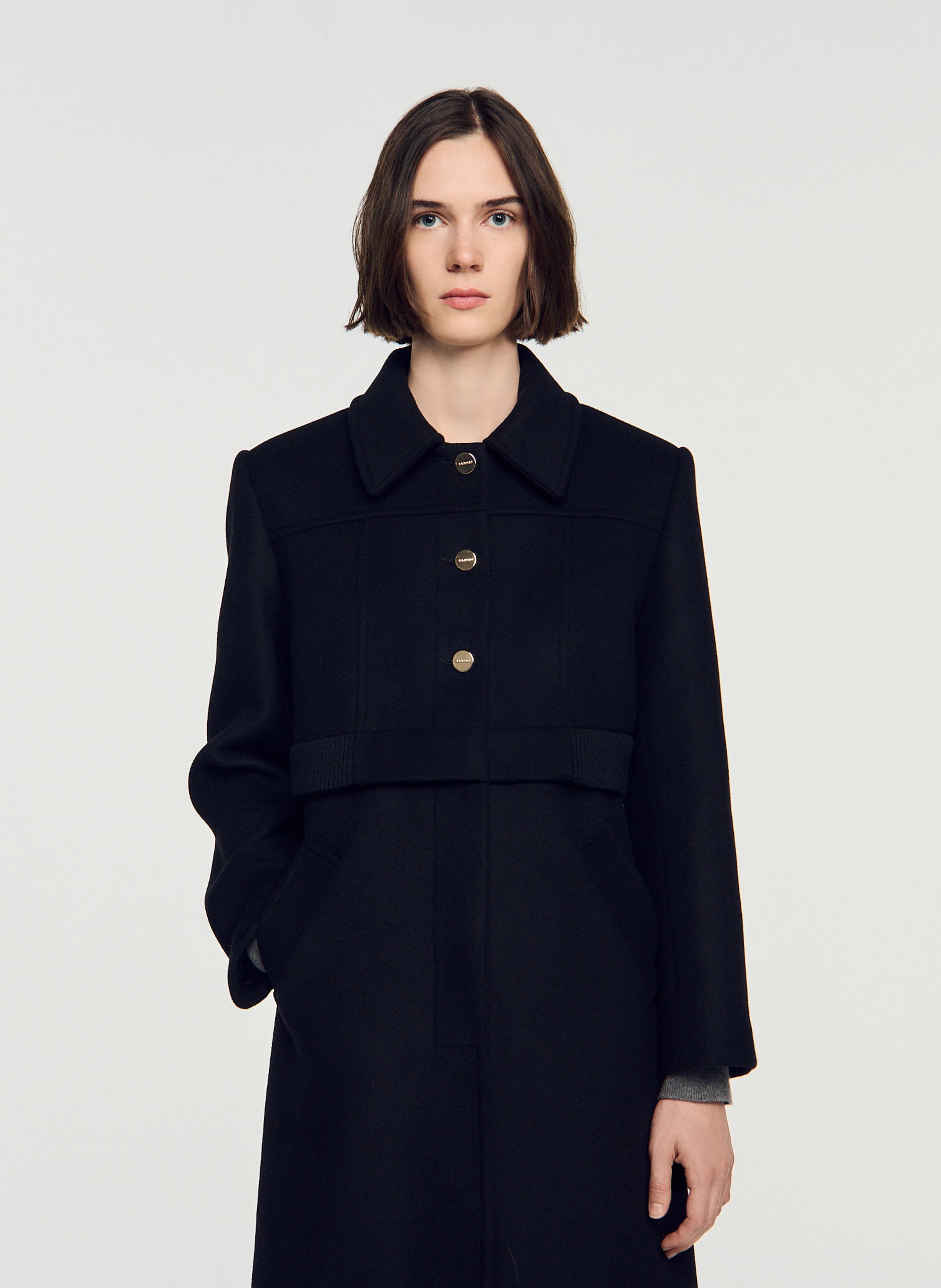 Manteau long boutonné en laine mélangée SANDRO Noir