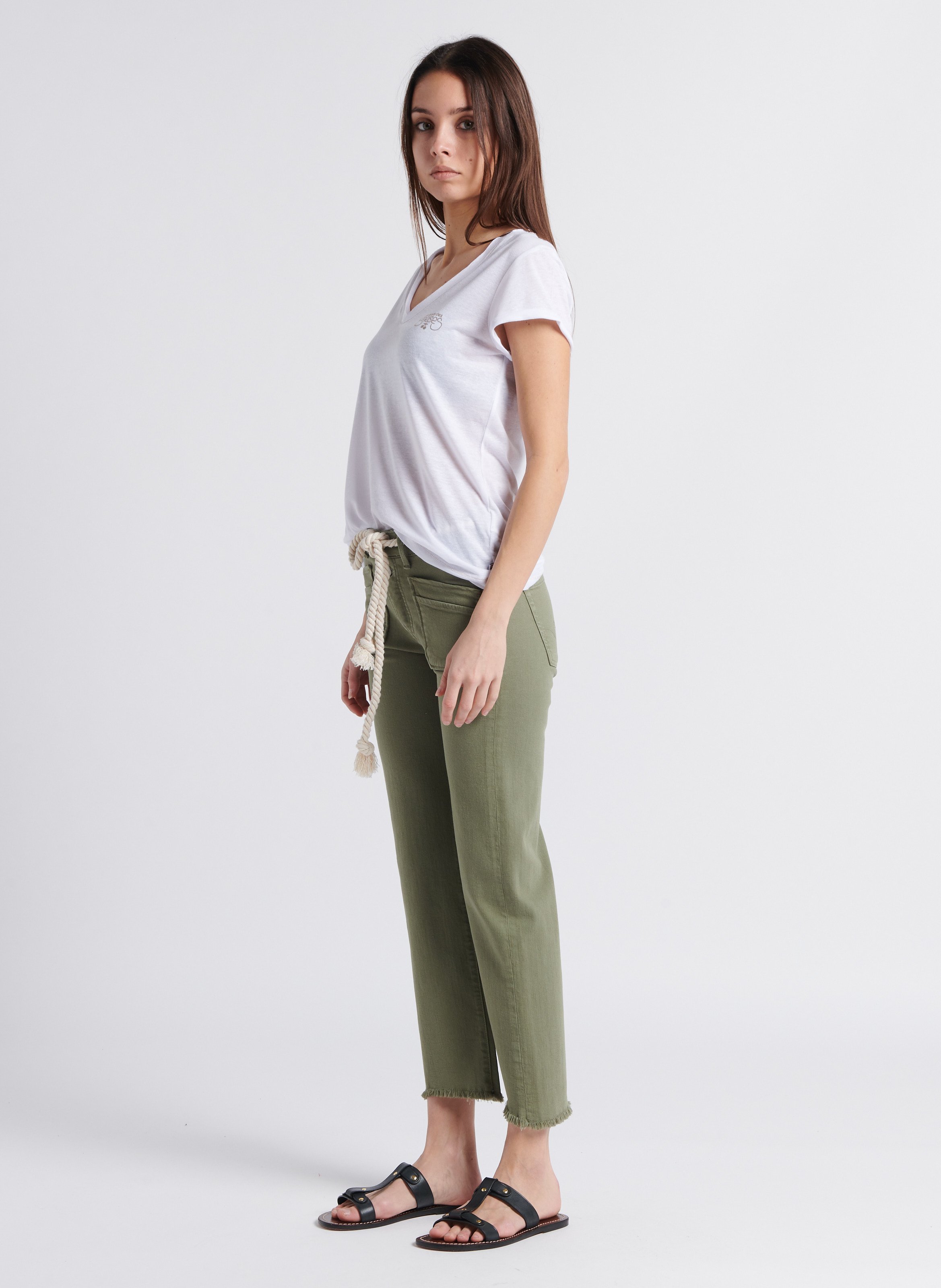 Straight V-neck T-shirt with screen print White