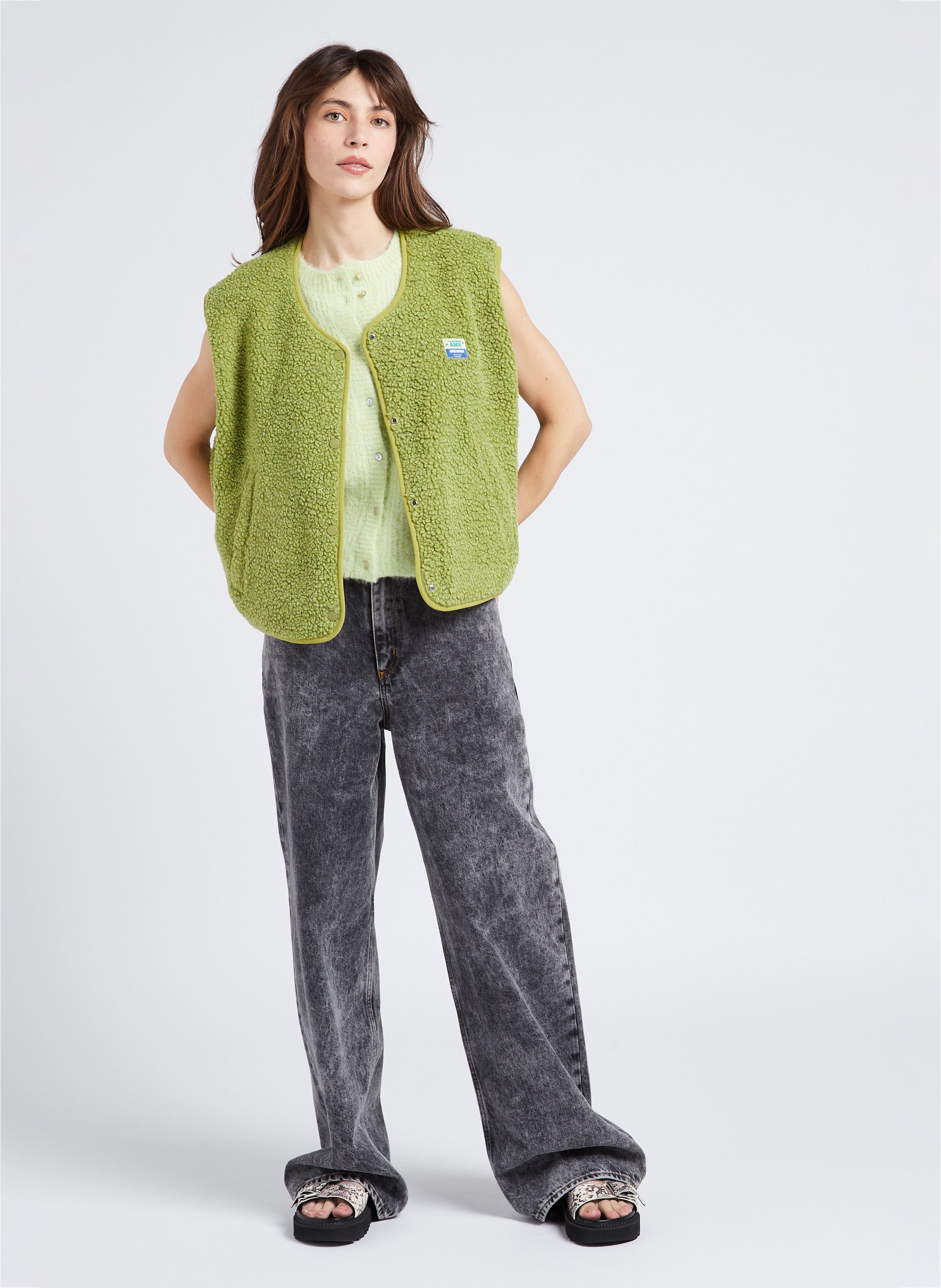 Sleeveless Fluffy Knit Buttoned Cardigan Lime Chine American 