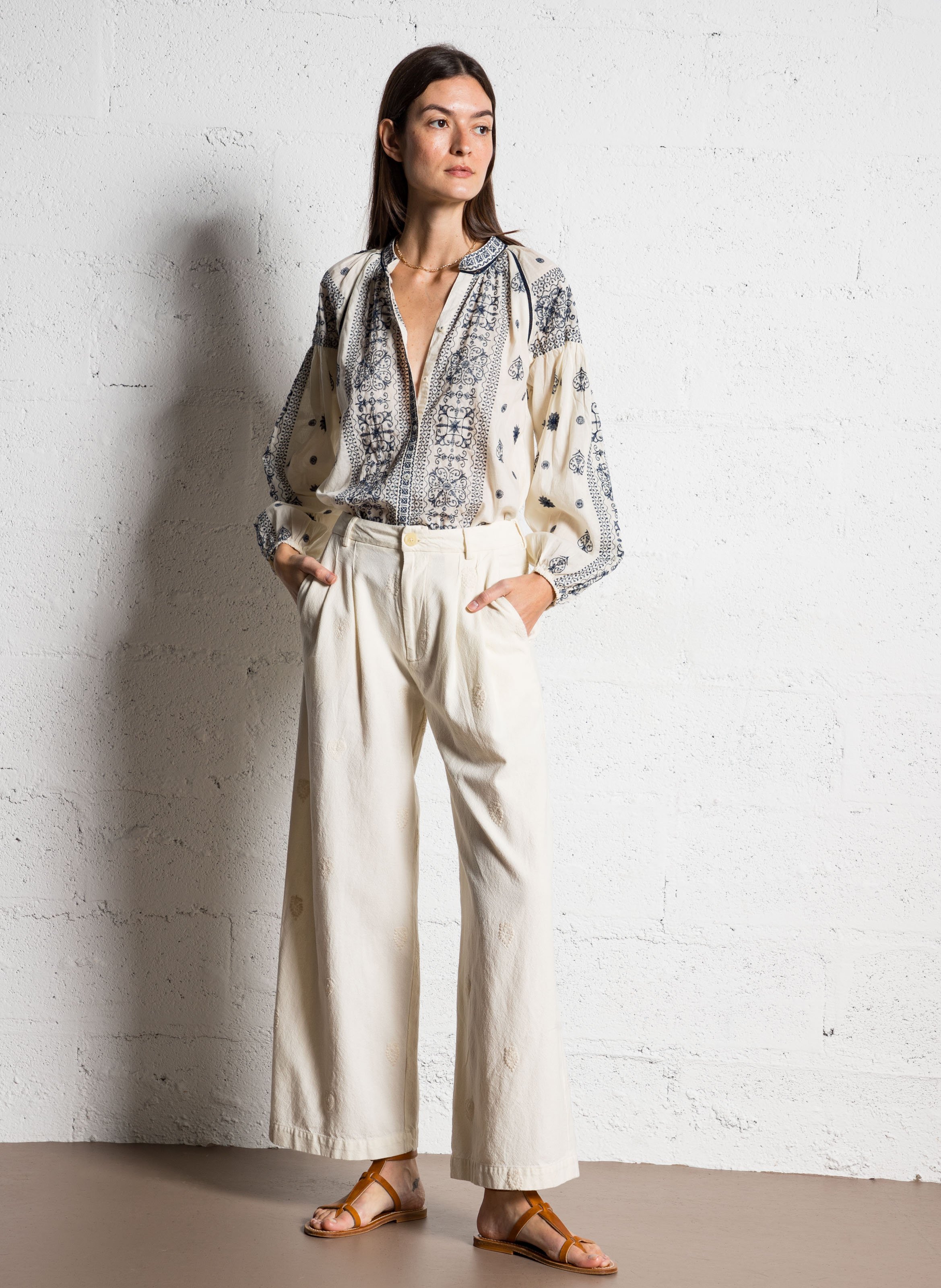 Wide-leg embroidered cotton pants MAISON HOTEL White