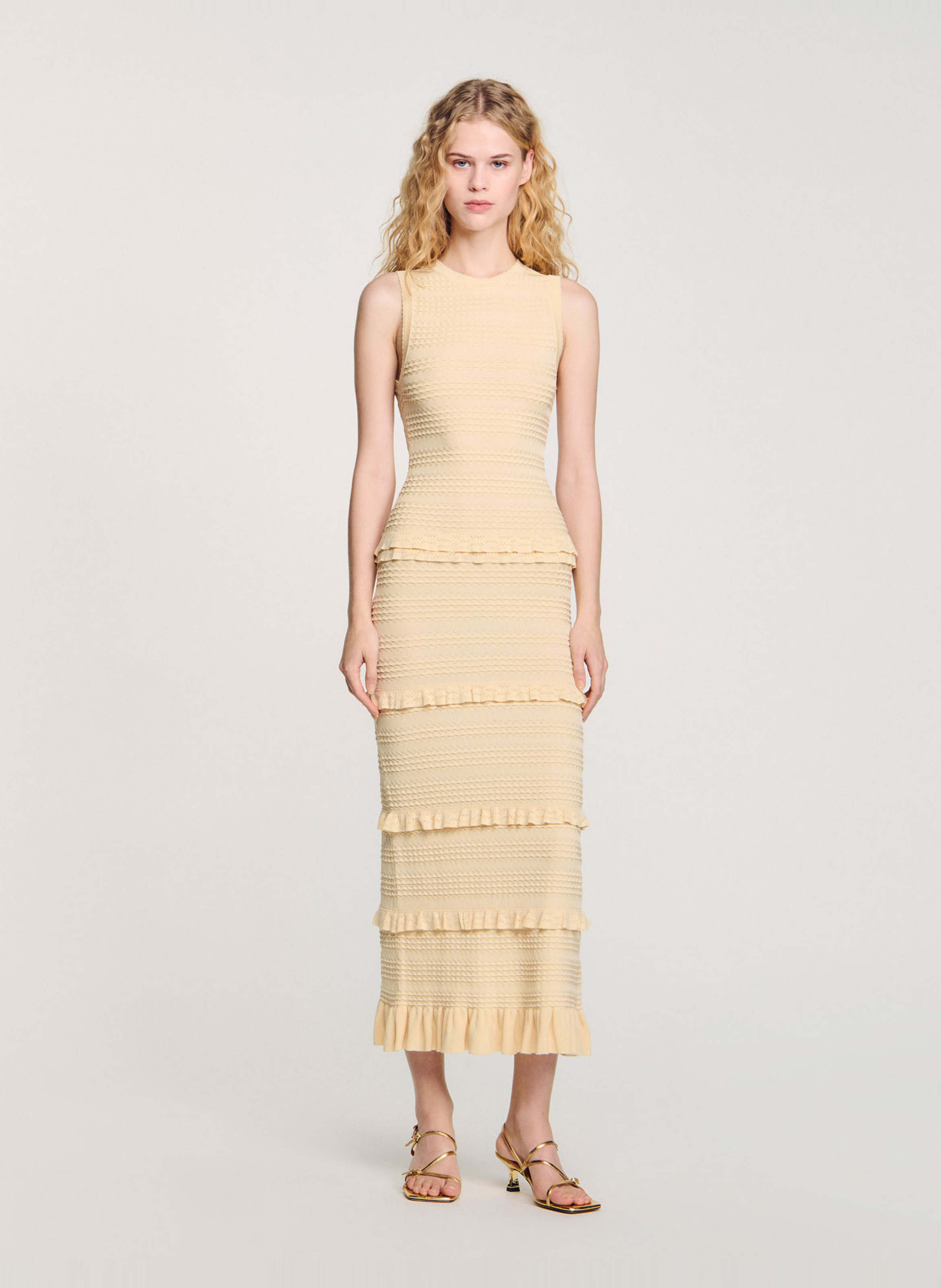 sandro★ROBE LONGUE EN MAILLE PERLEE ワンピース Pearl bead knit maxi dress white / beige For Women | Sandro