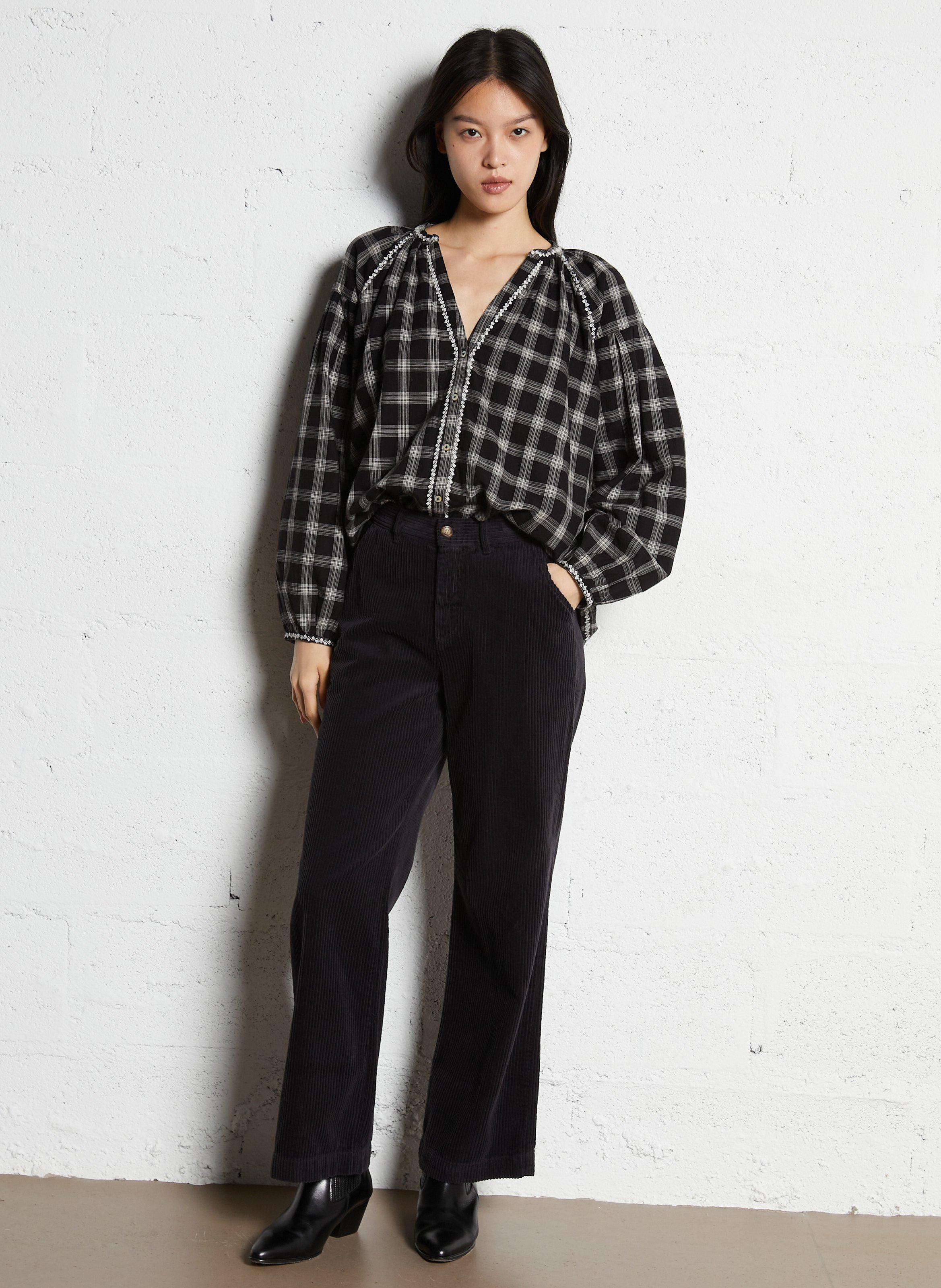 Blouse col V en coton EMILE ET IDA Noir