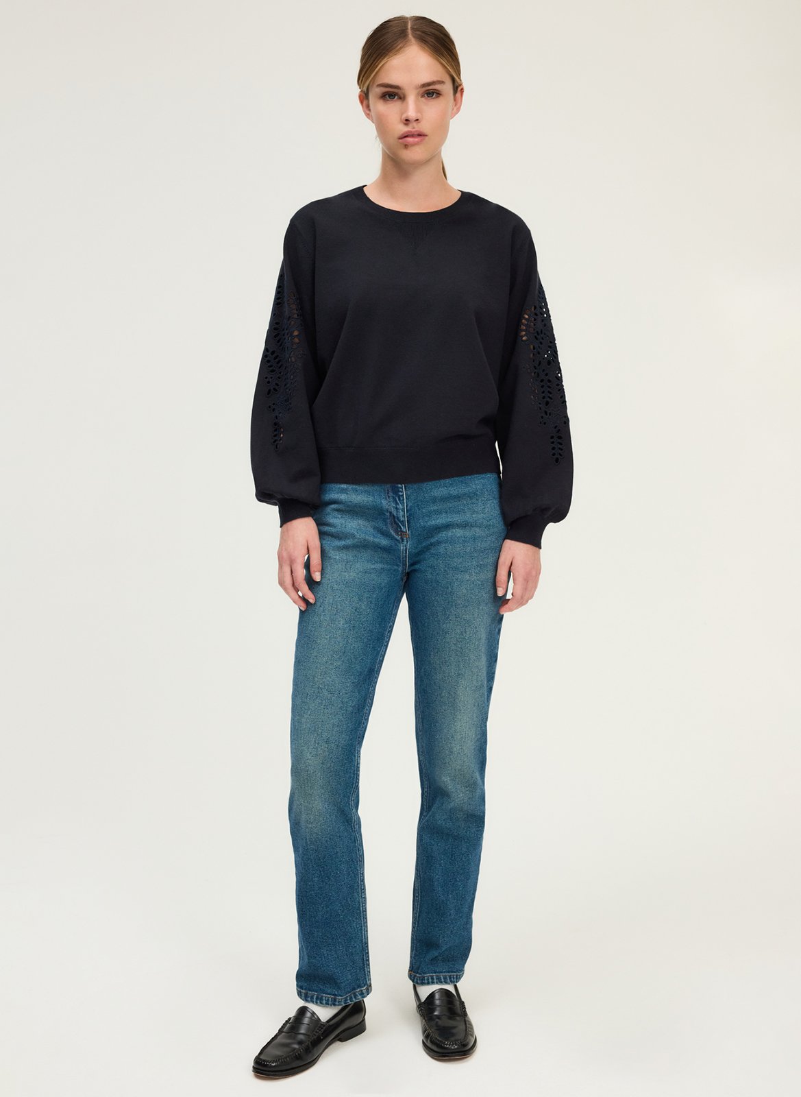 Plain straight sweatshirt with embroidered sleeves PABLO Blue