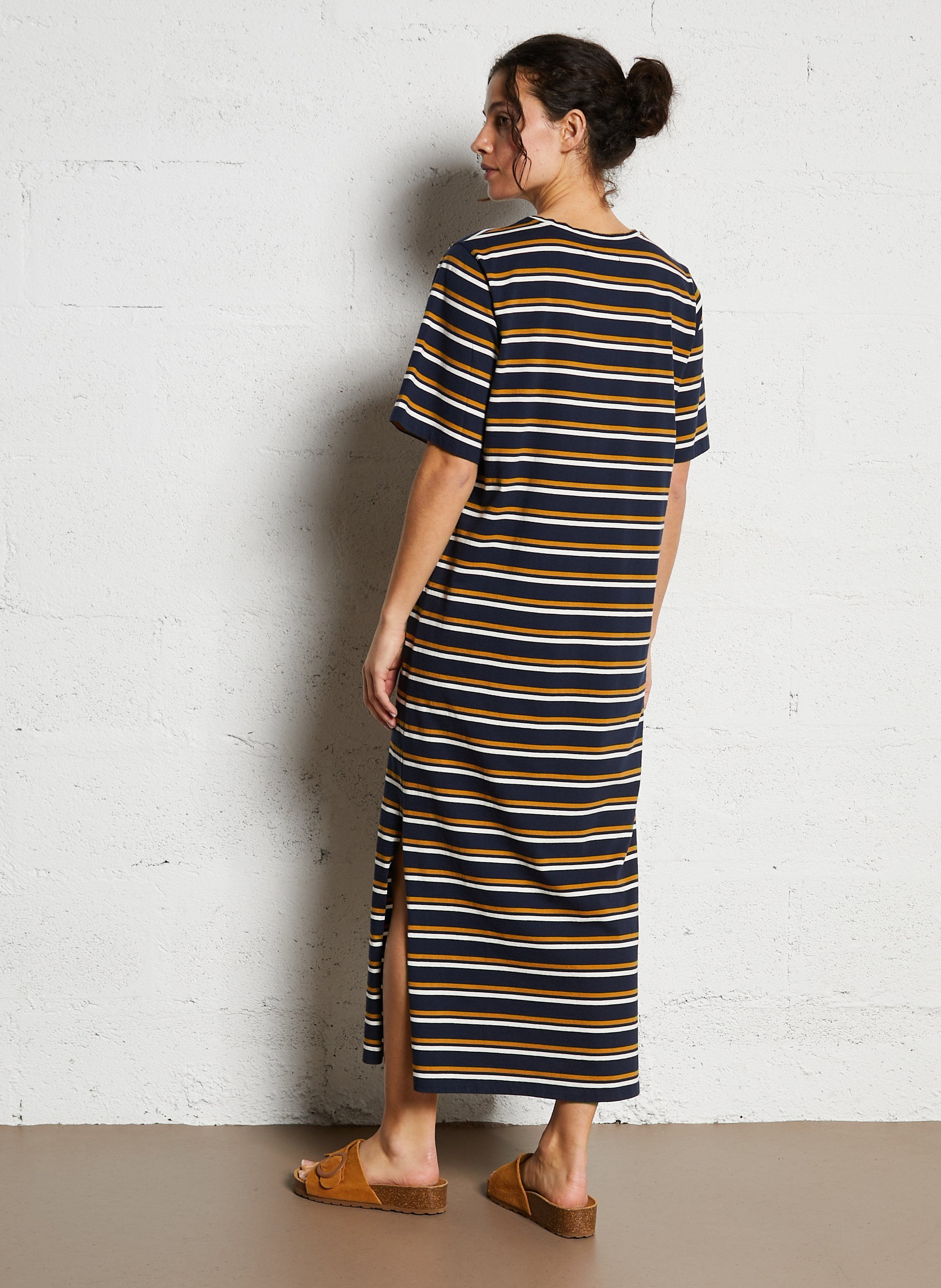 Langes, gestreiftes Baumwollkeid mit Rundhalsausschnitt NICE THINGS Blau