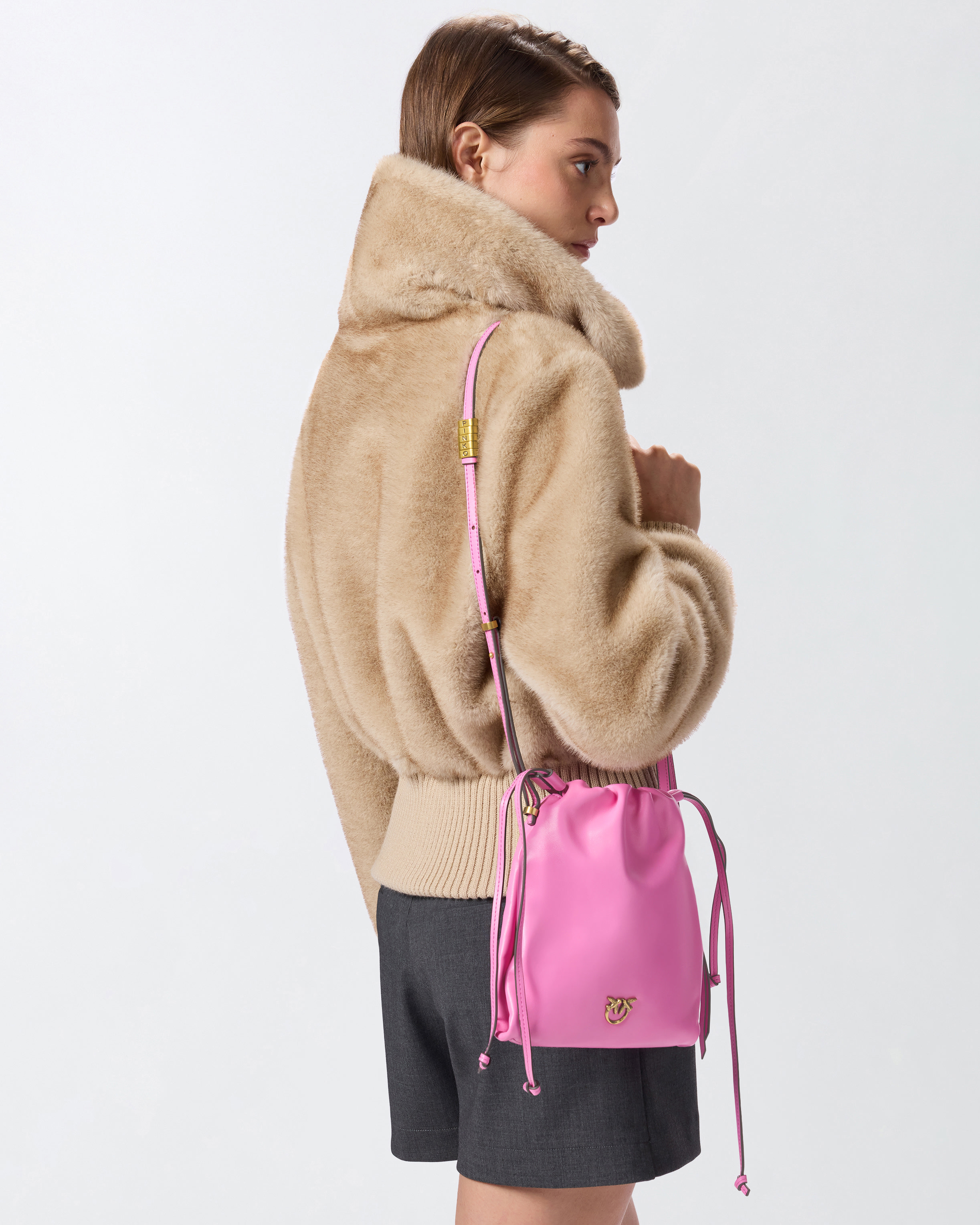 Mini slouchy leather shoulder bag with love birds logo PINKO Pink