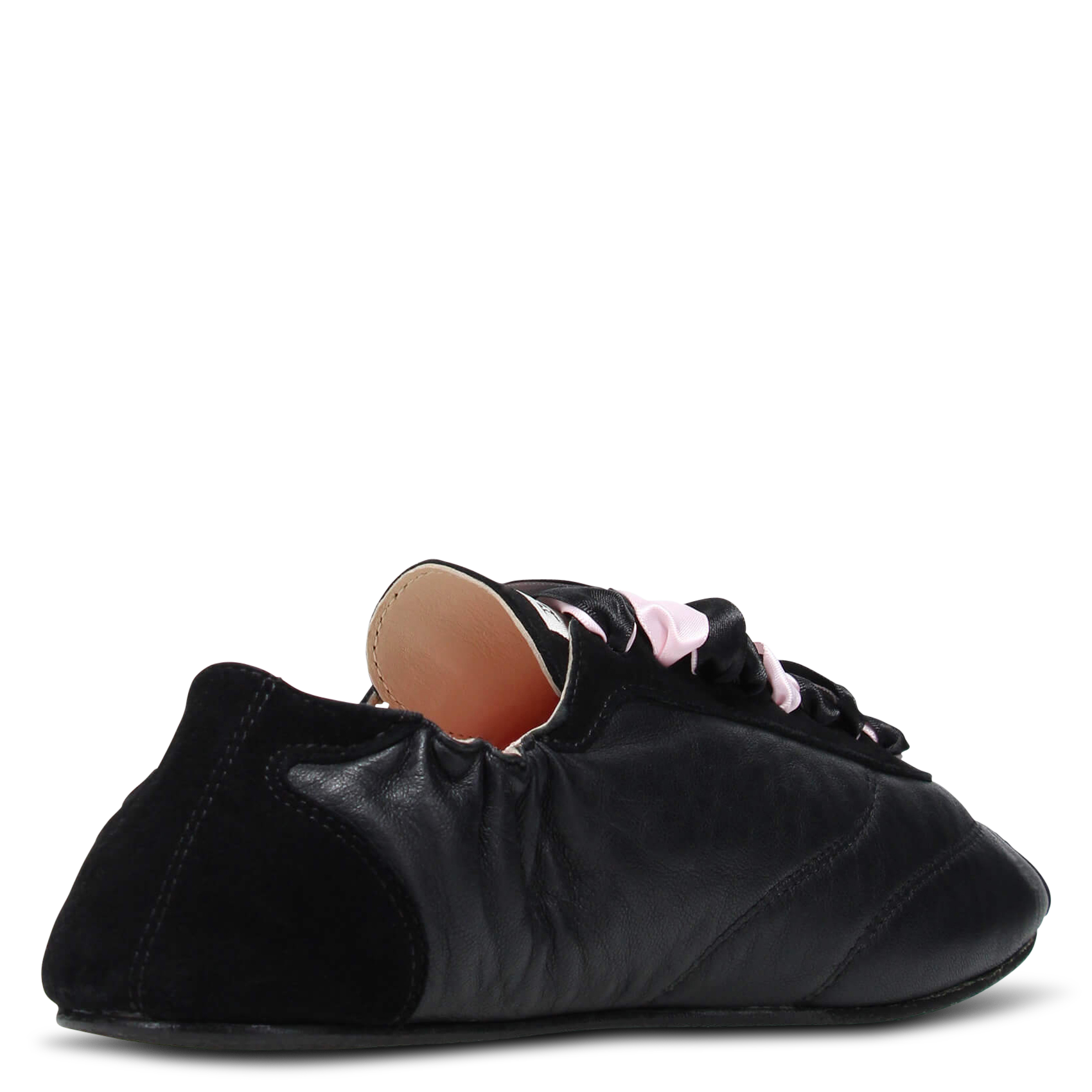 Ruched satin lace-up ballerina flats Black