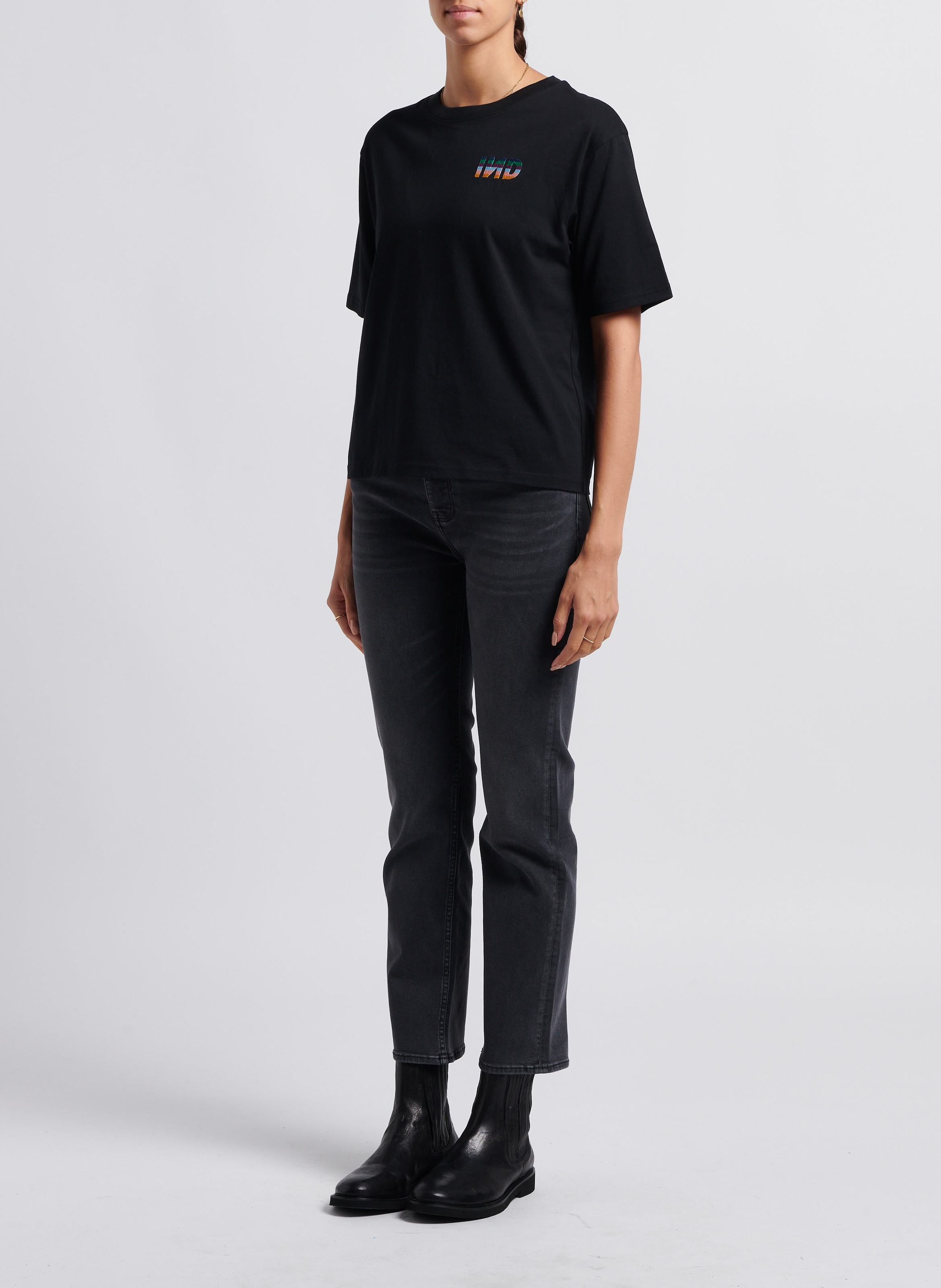 Round-neck embroidered cotton T-shirt INDEE Black