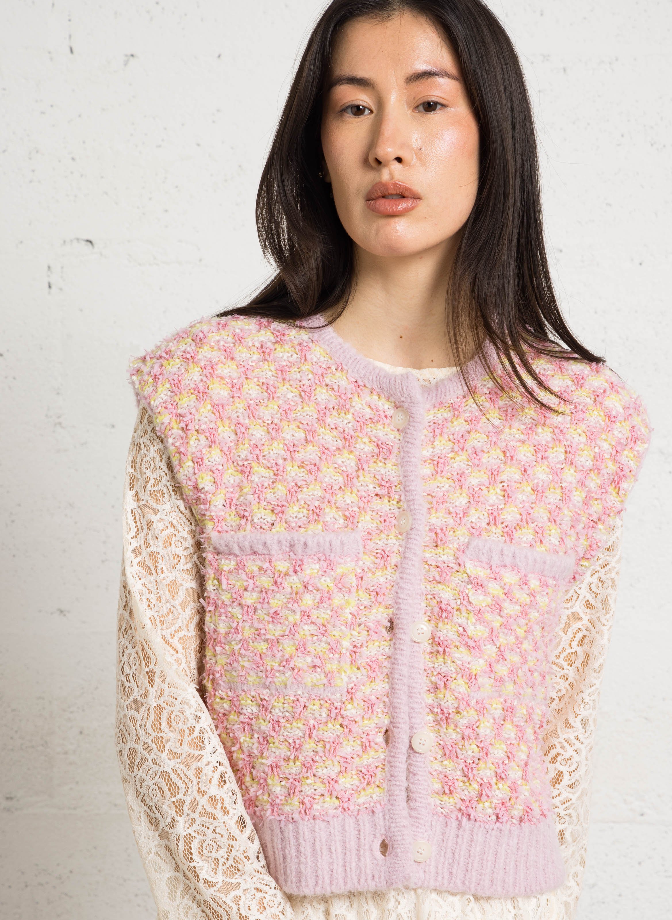 Gilet droit col rond en jacquard DES PETITS HAUTS