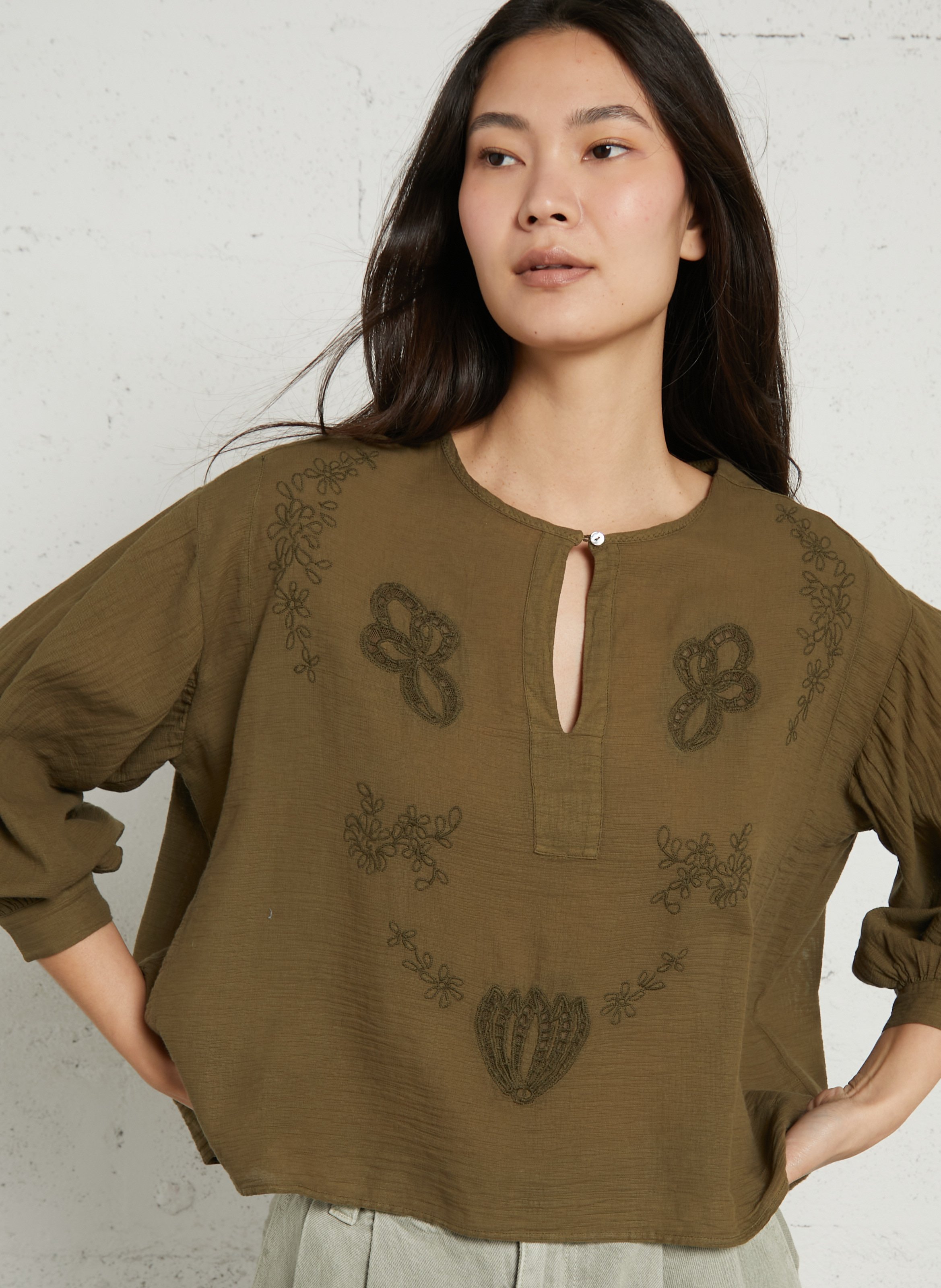 Baumwollbluse mit Rundhalsausschnitt BELLA JONES Khaki