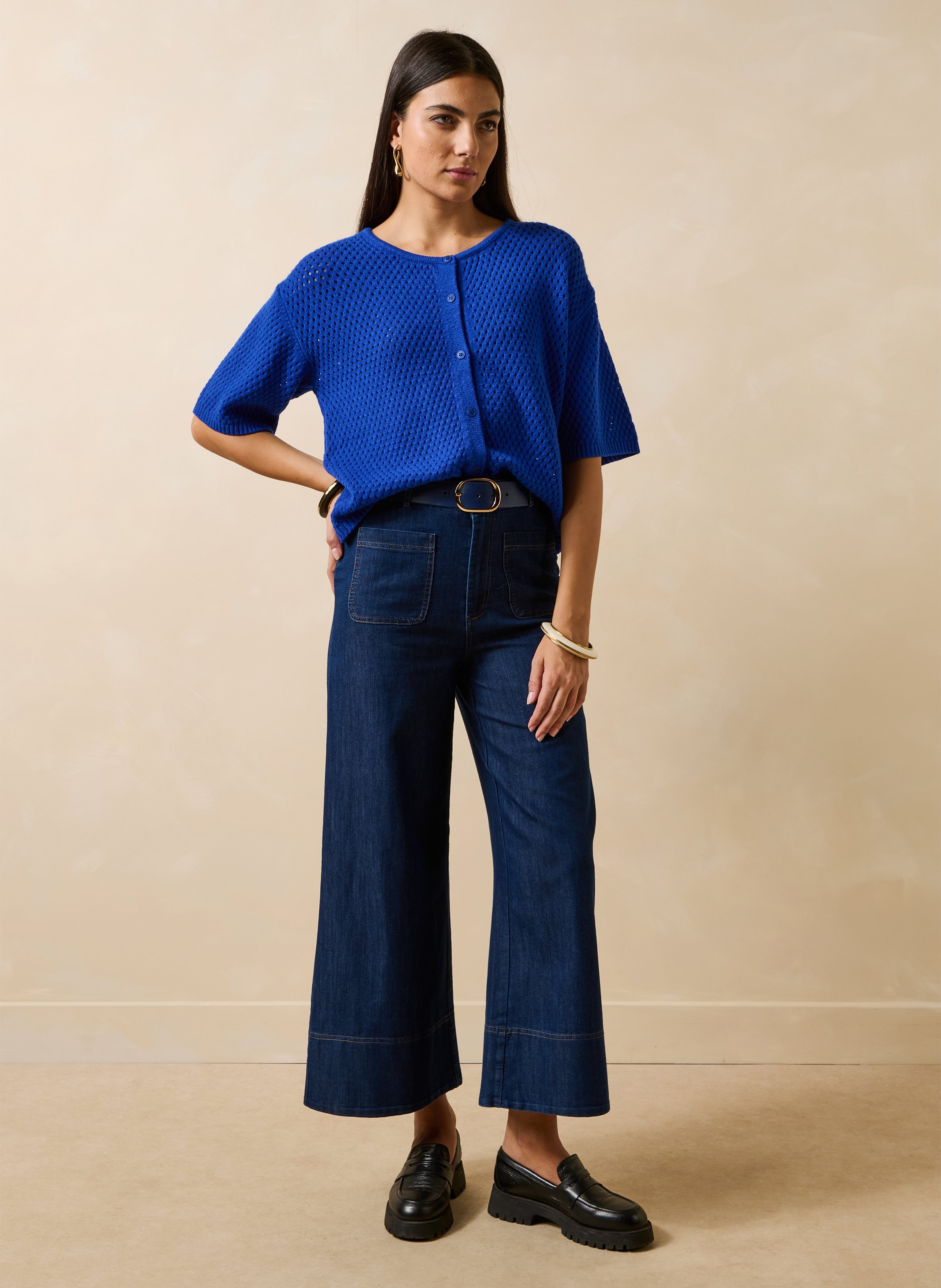 Loose round-neck sleeveless cardigan in openwork knit LA FEE MARABOUTEE Blue