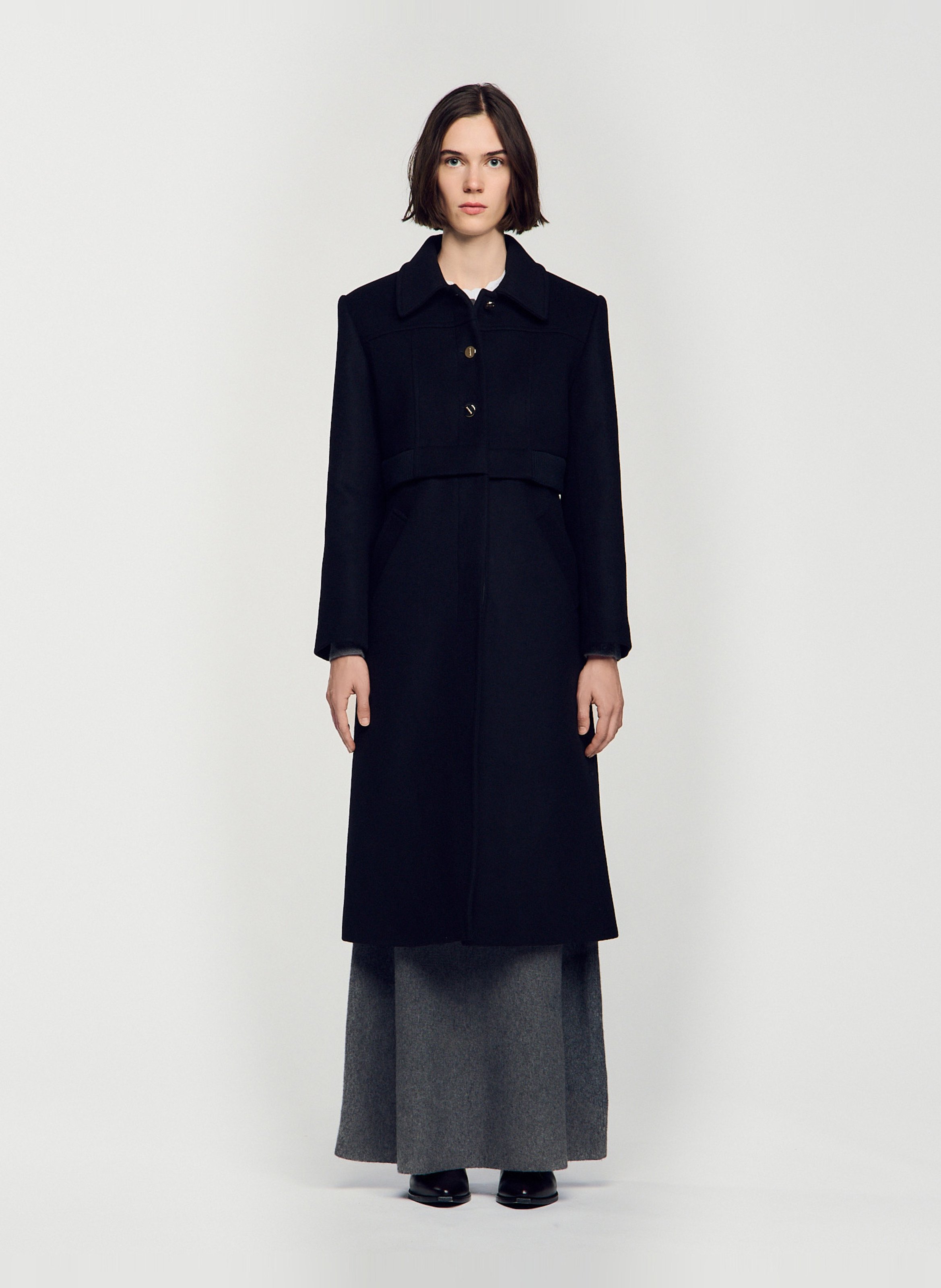 Manteau long boutonné en laine mélangée SANDRO Noir