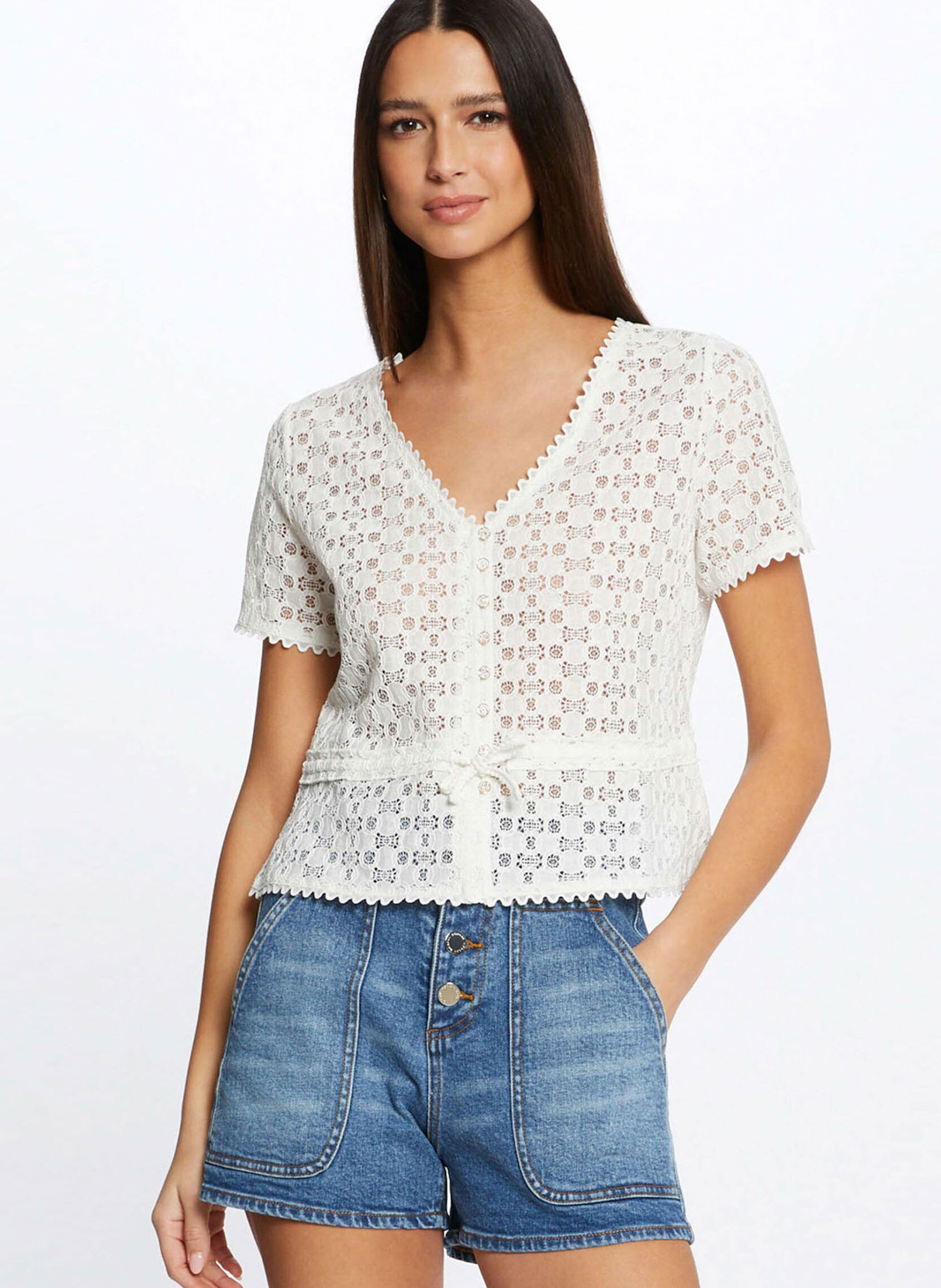 Top col V en dentelle MORGAN Blanc