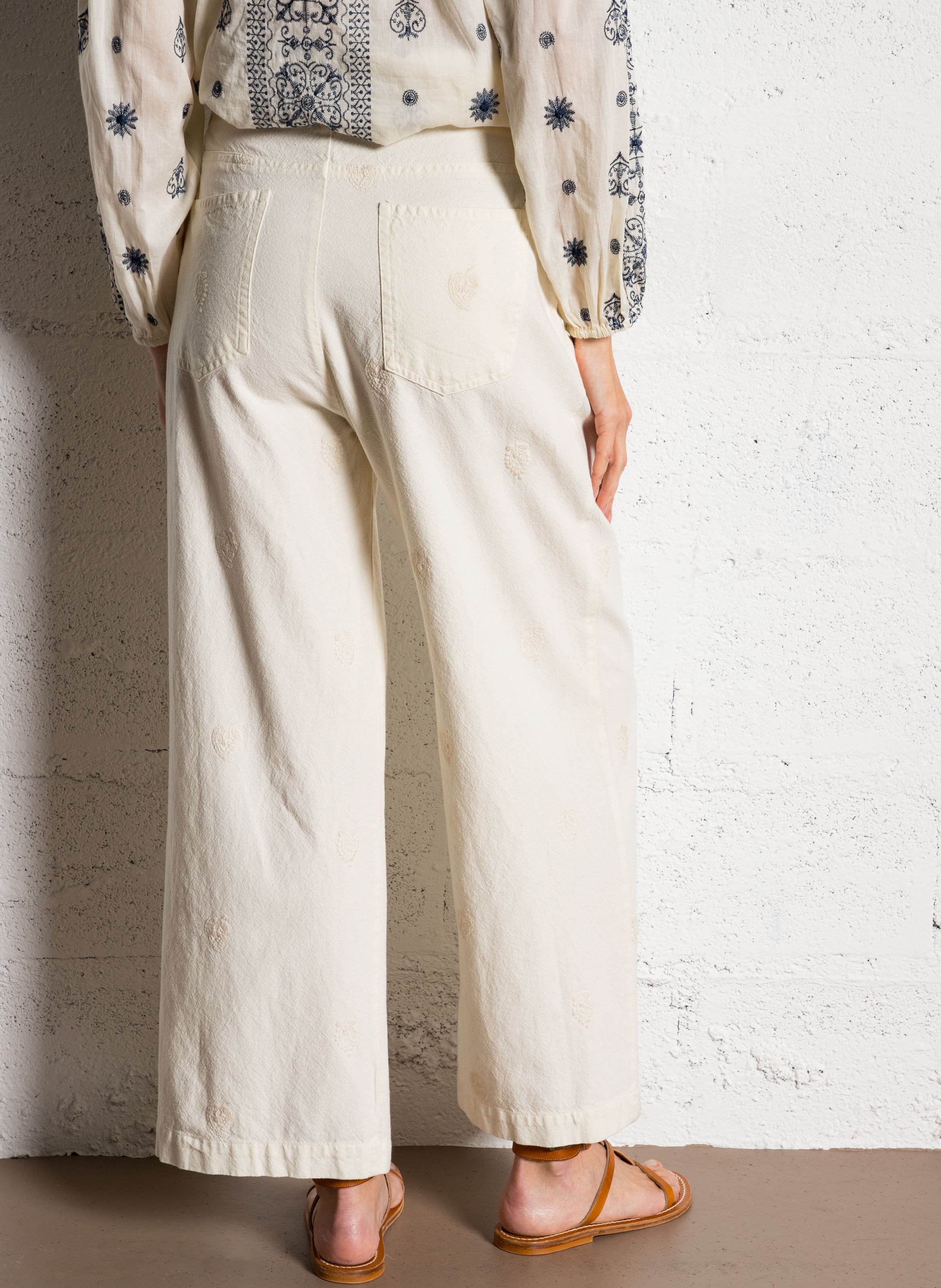 Wide-leg embroidered cotton pants MAISON HOTEL White