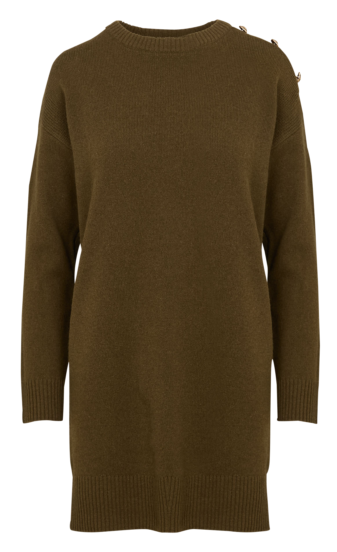 Kurzes gerade geschnittenes Wollkleid mit Rundhalsausschnitt Khaki