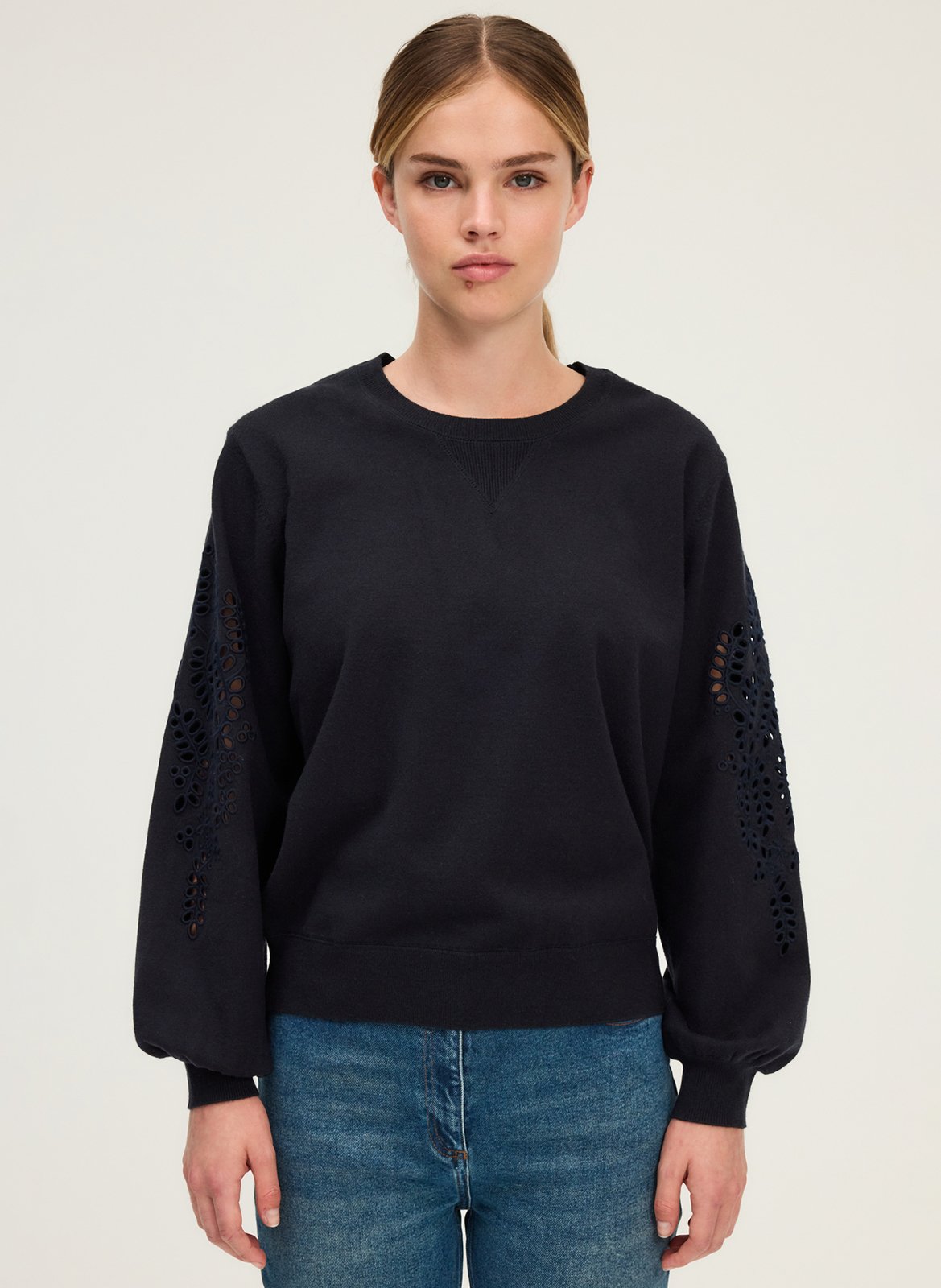 Plain straight sweatshirt with embroidered sleeves PABLO Blue