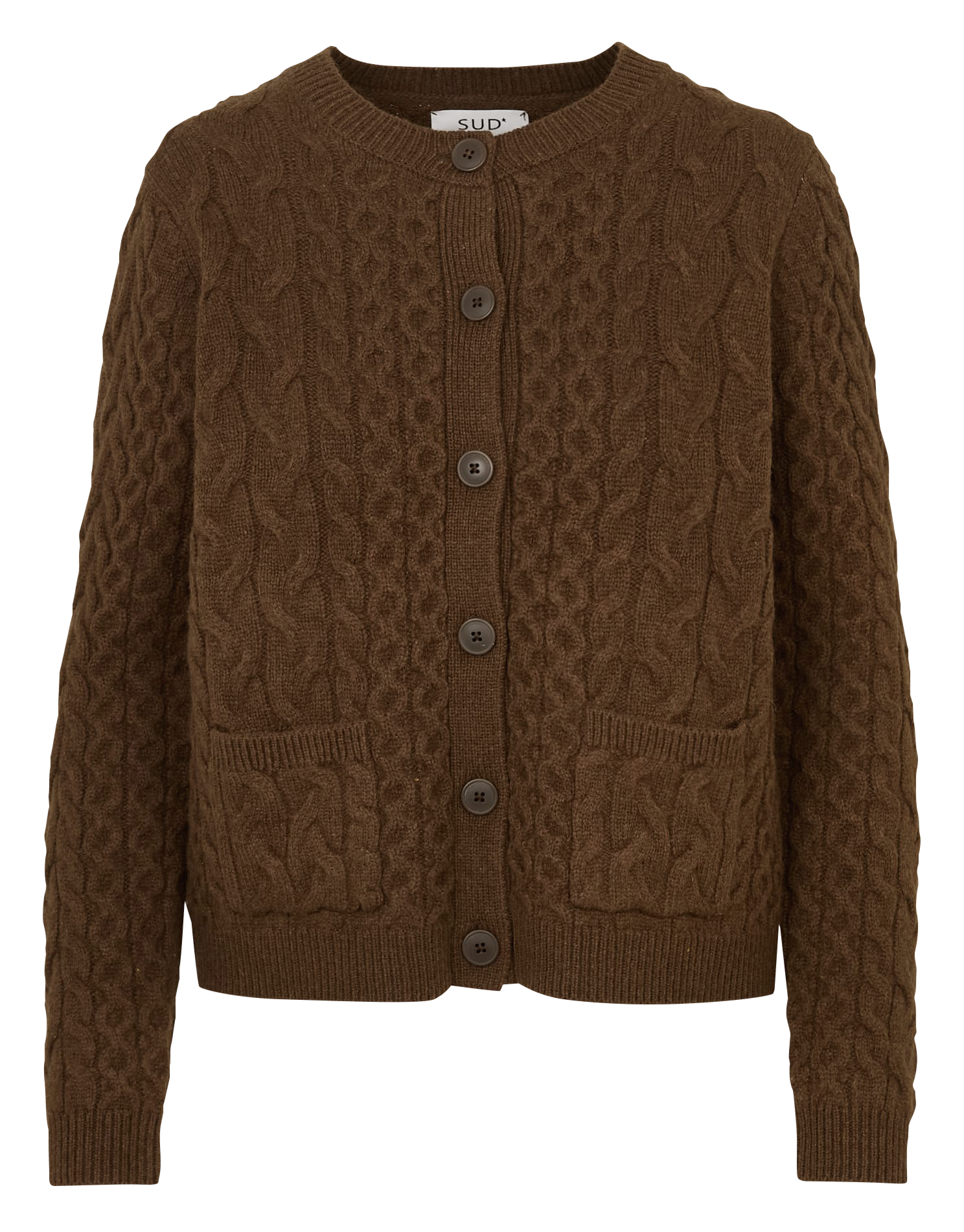 Gilet droit col rond en laine torsadée SUD EXPRESS Marron