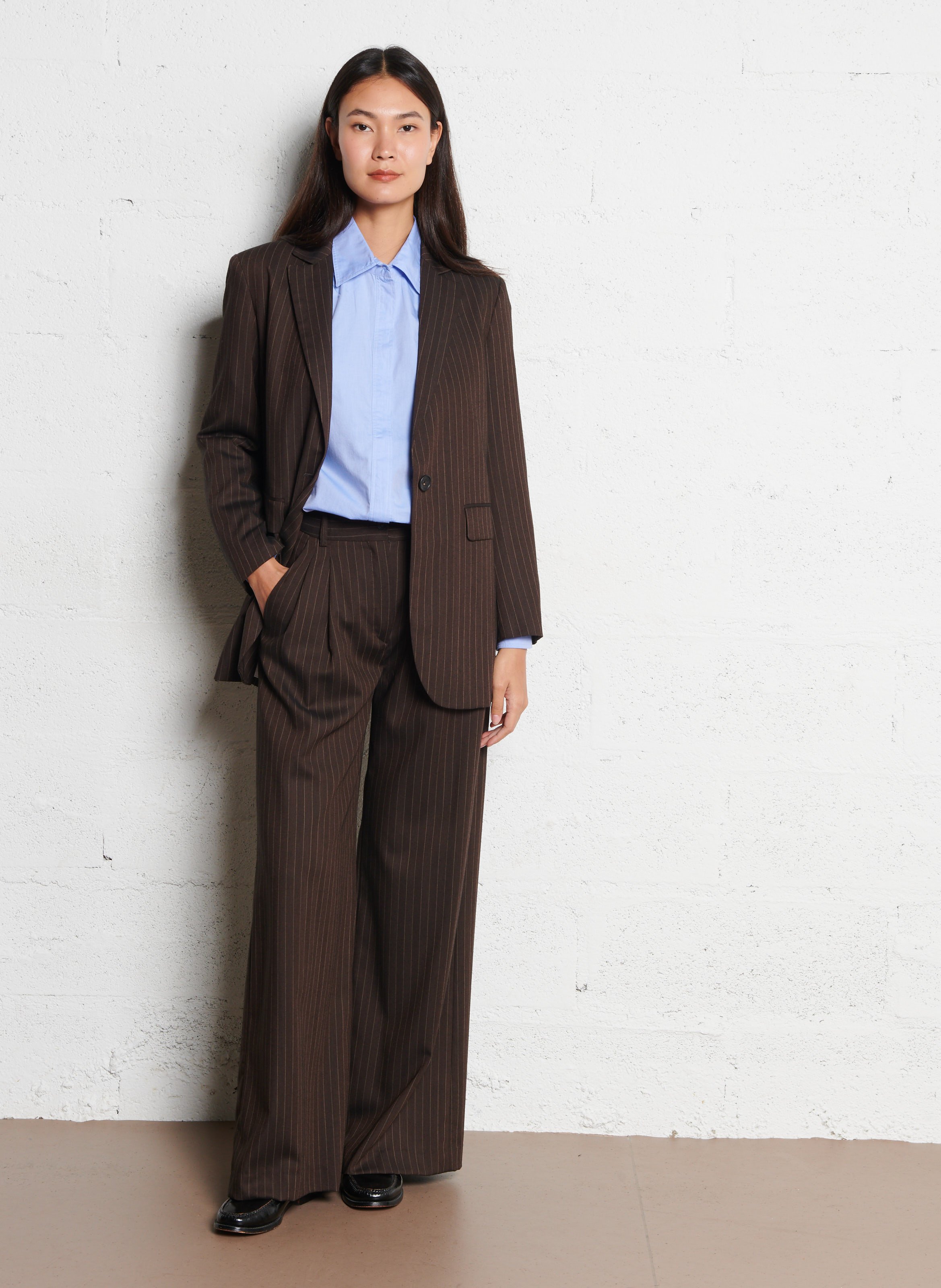 Veste droite col tailleur rayée en laine mélangée DIEGA Beige