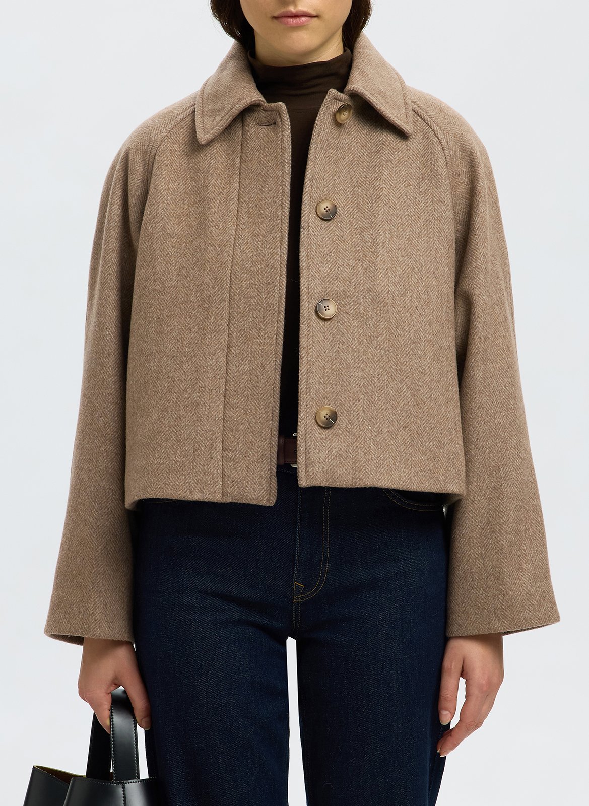 Short oversized herringbone jacket SELECTED Brown