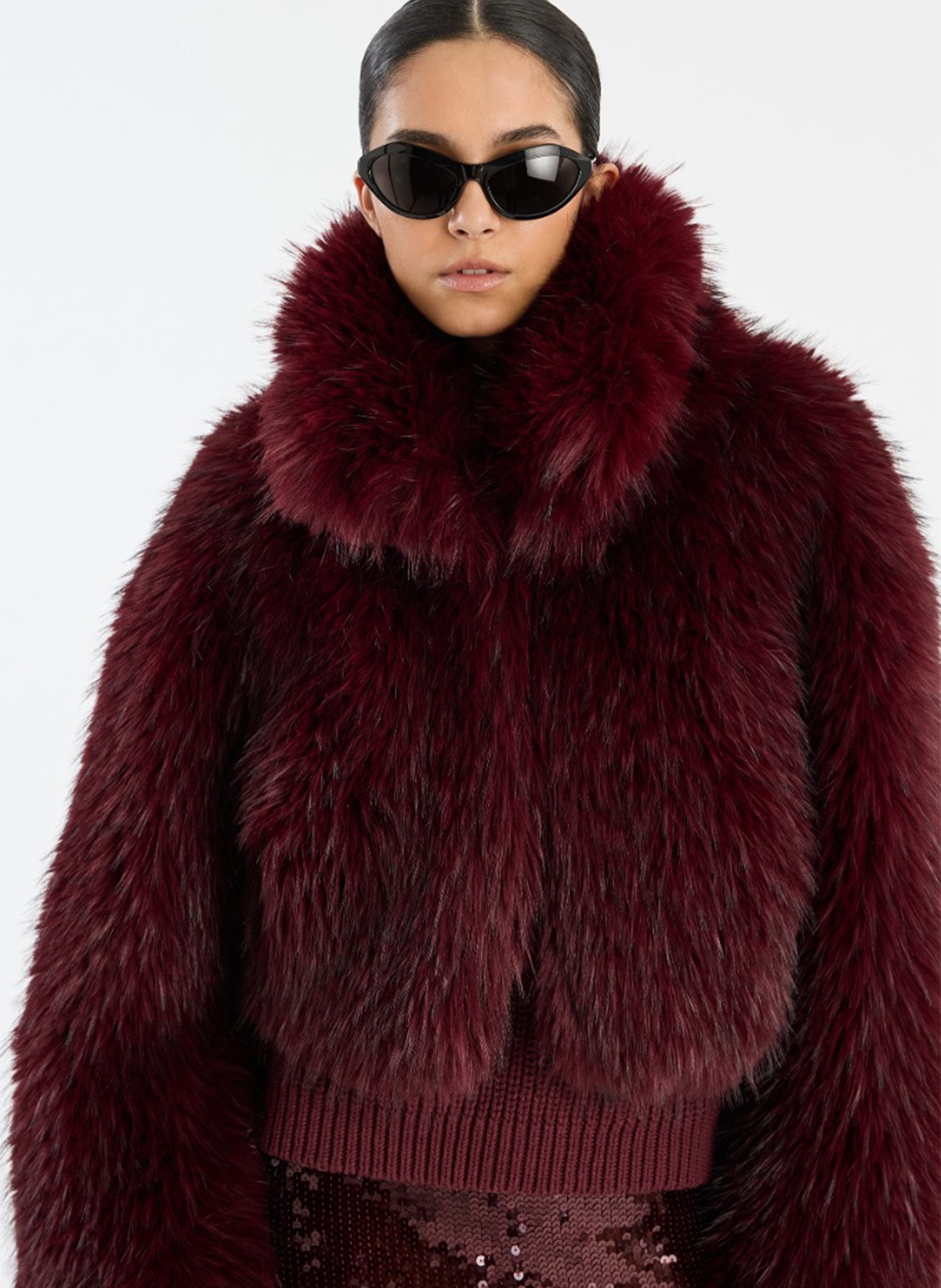 Jacket with high collar and faux fur effect ROTATE Brown