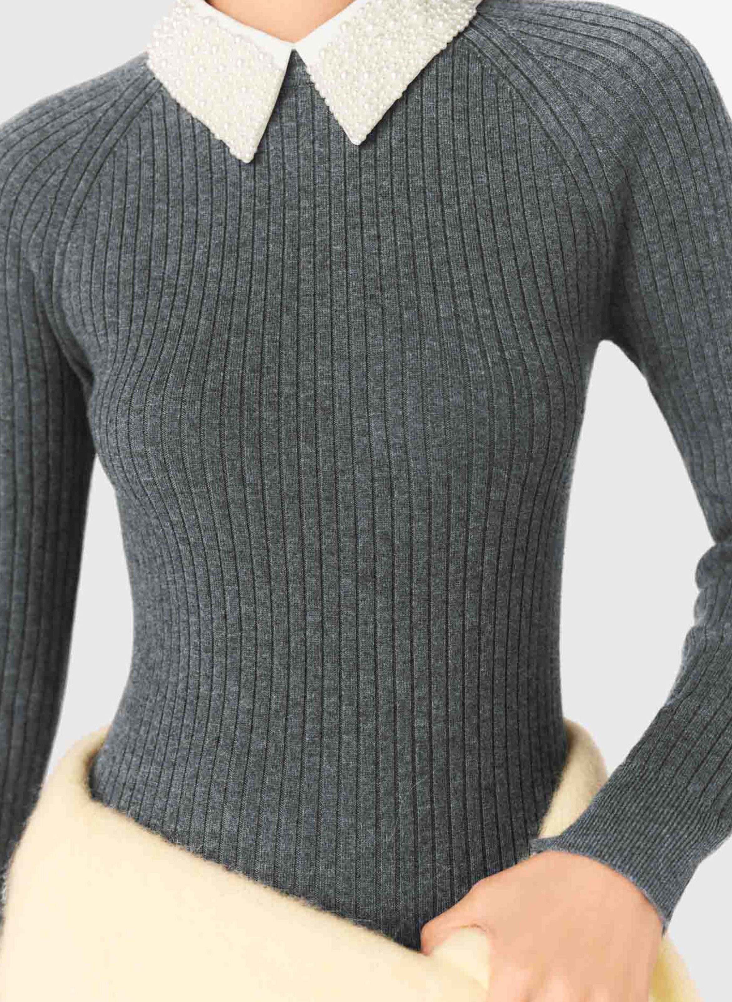 Robe courte col classique en maille côtelée MAJE Gris