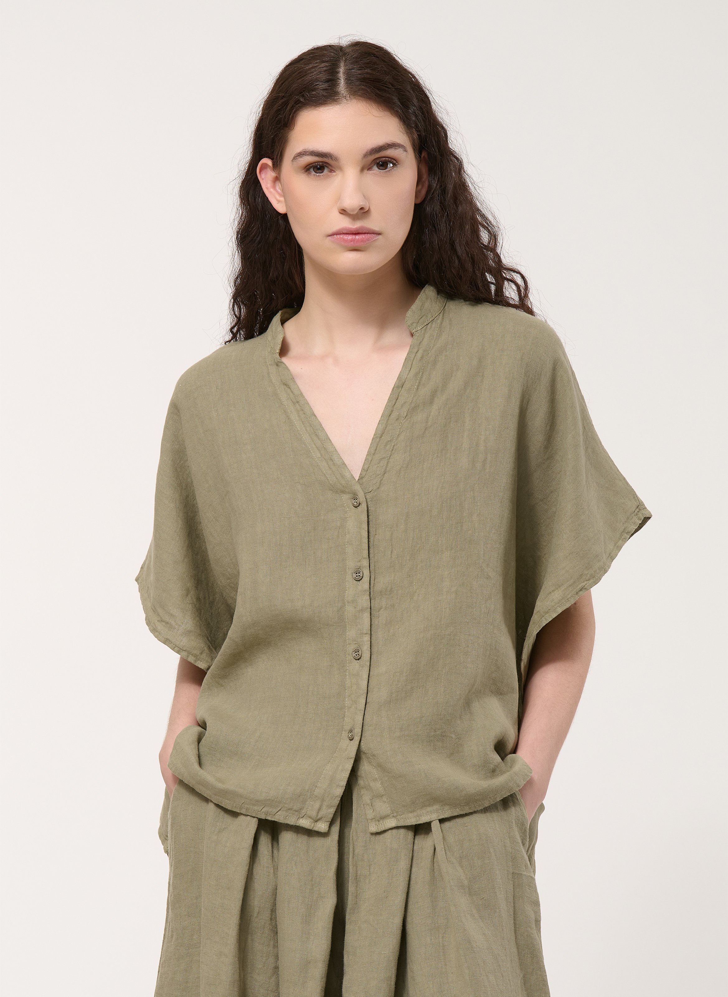 Chemisier oversize col tunisien en lin HUMILITY Vert