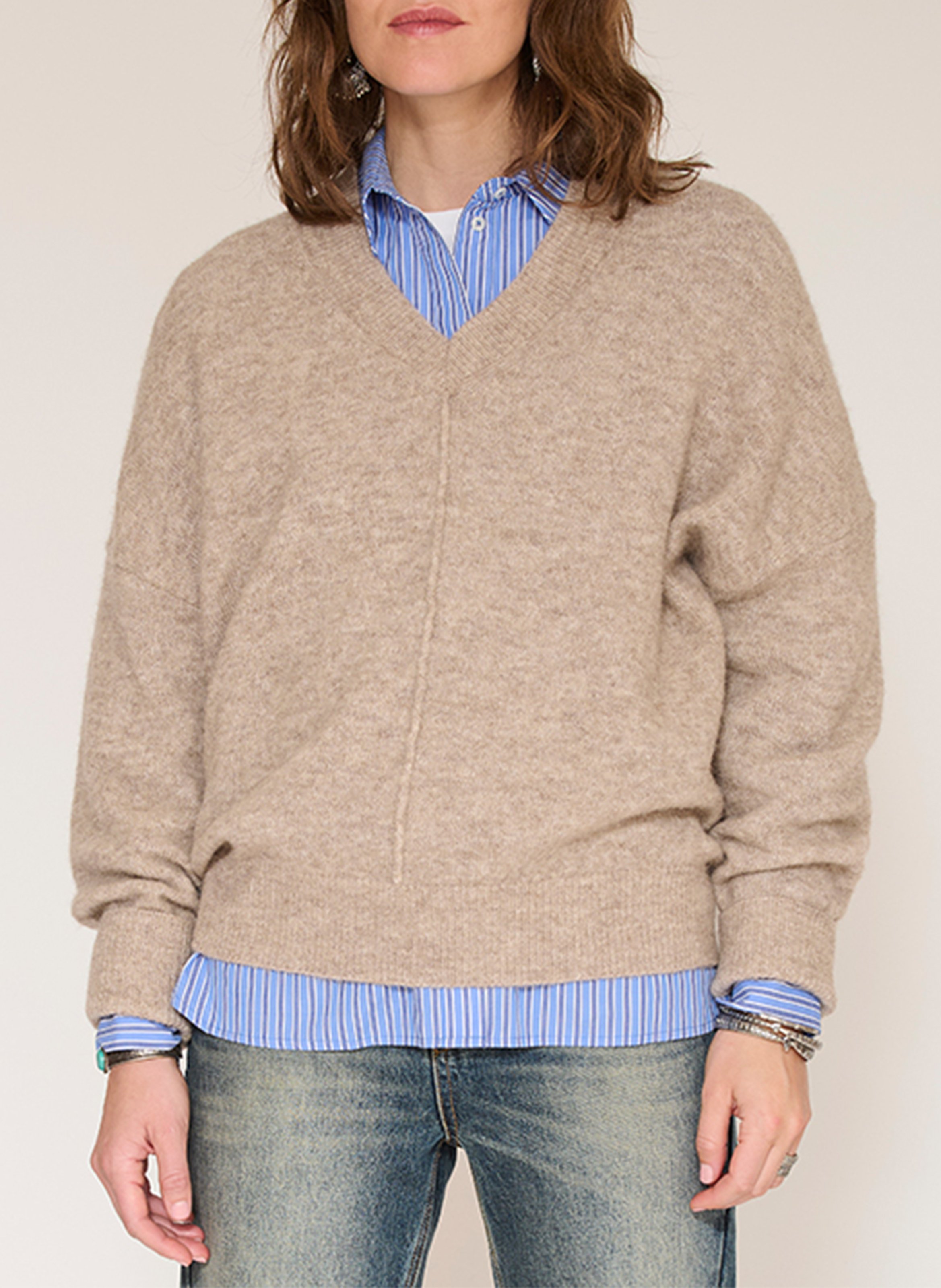 Weiter Wollmix-Pullover mit V-Ausschnitt MKT Braun