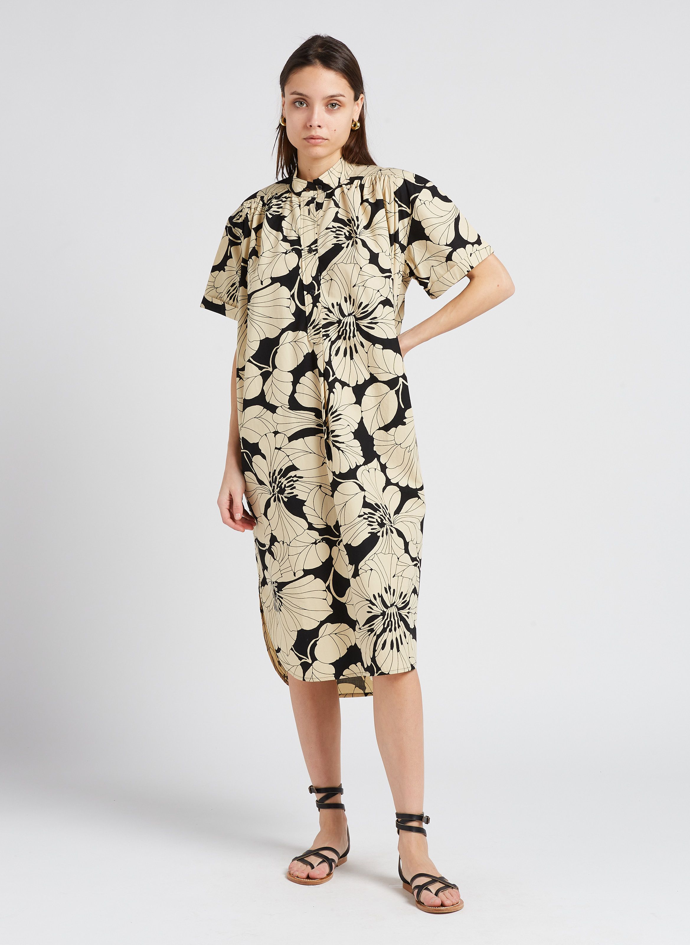 Printed Cotton Midi Dress With Mandarin Collar Black Laurence Bras - Women  | Place des Tendances