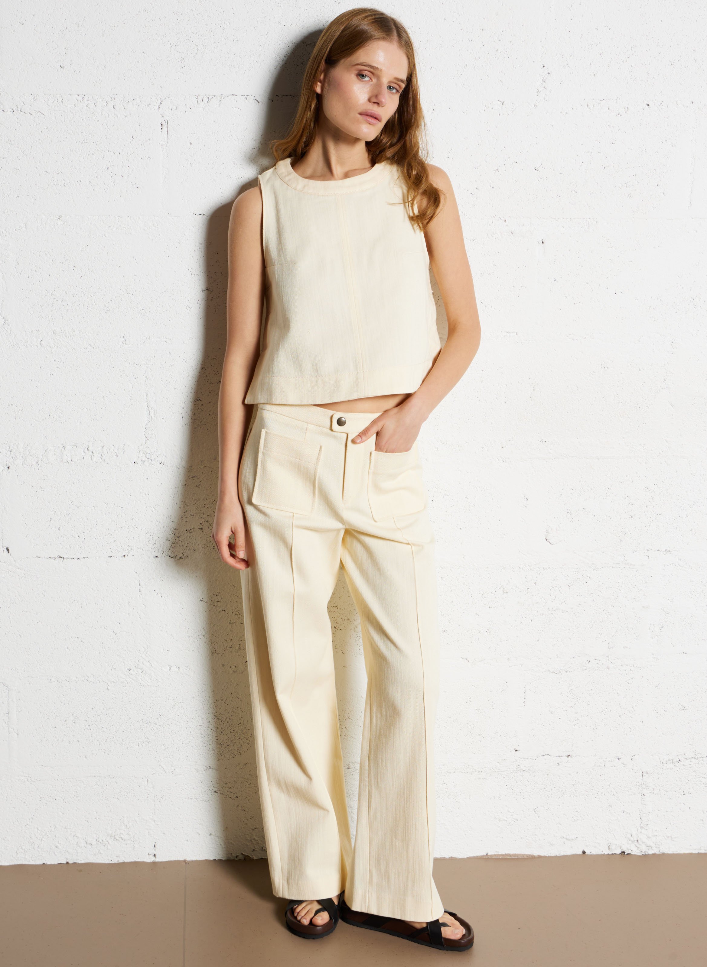 Pantalon large taille haute en twill de coton  SOEUR Beige