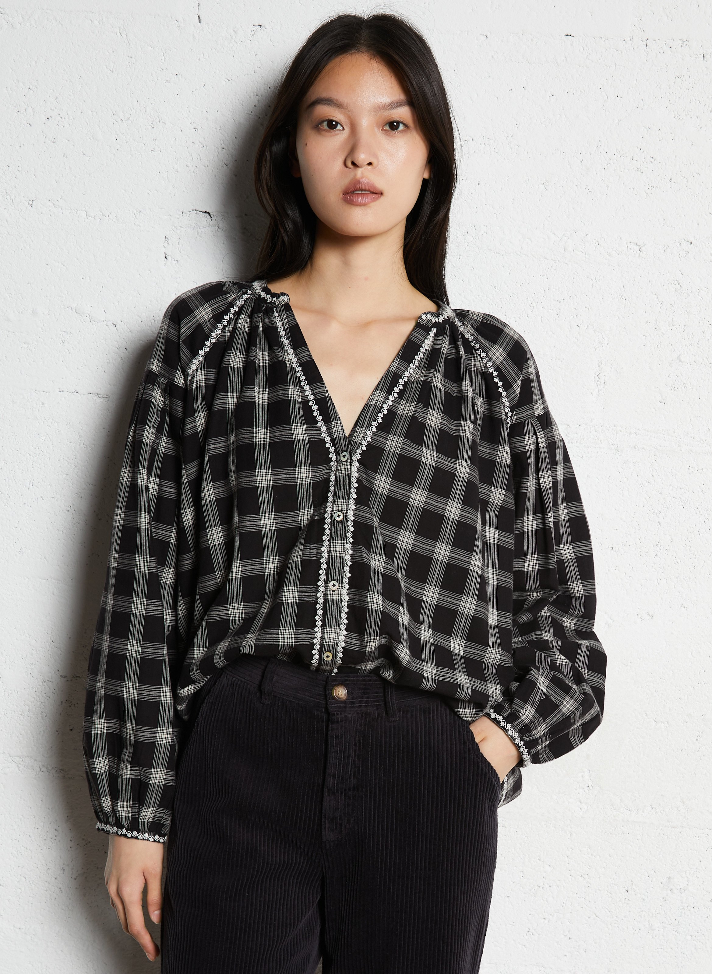 Blouse col V en coton EMILE ET IDA Noir