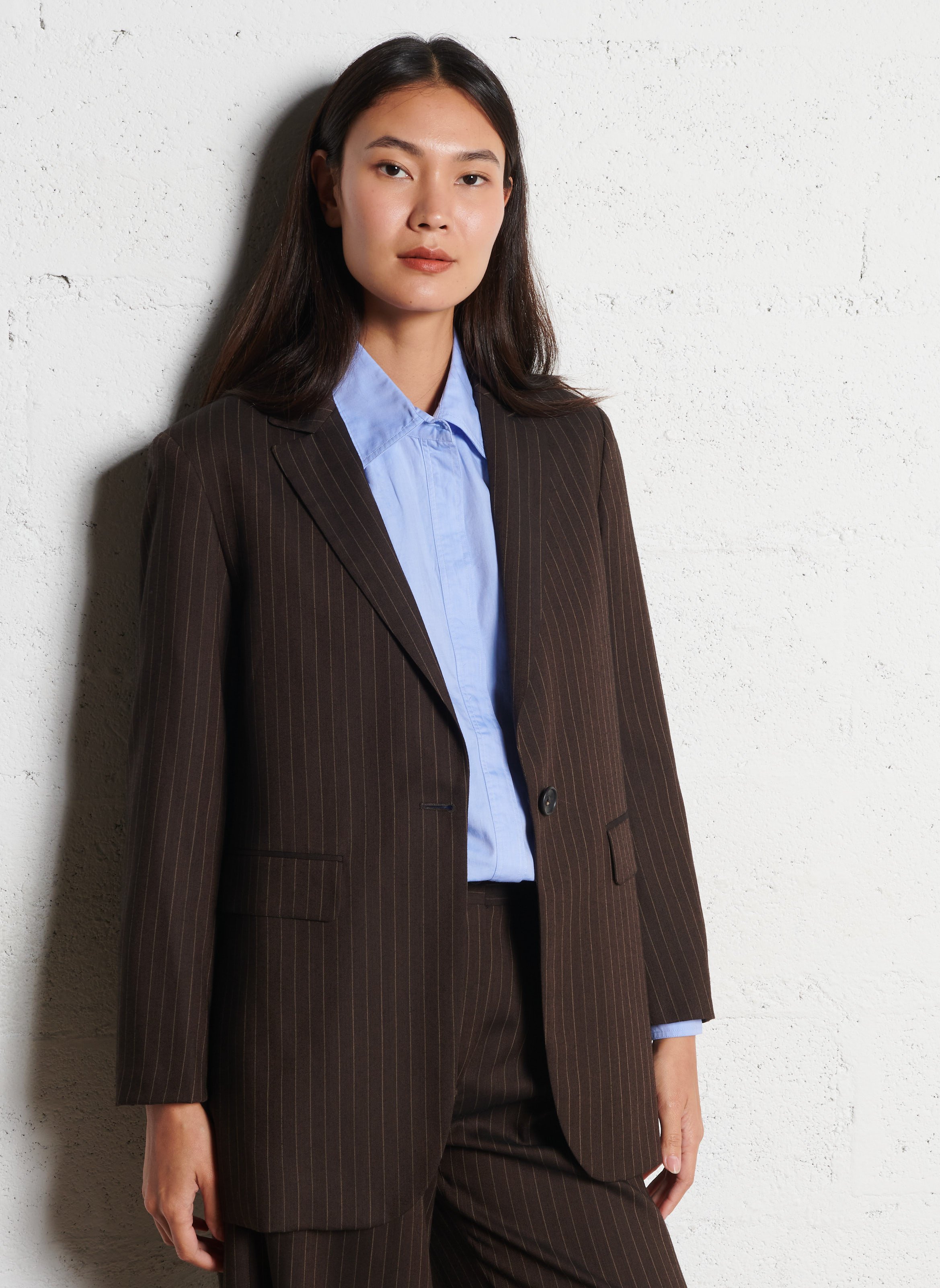 Veste droite col tailleur rayée en laine mélangée DIEGA Beige