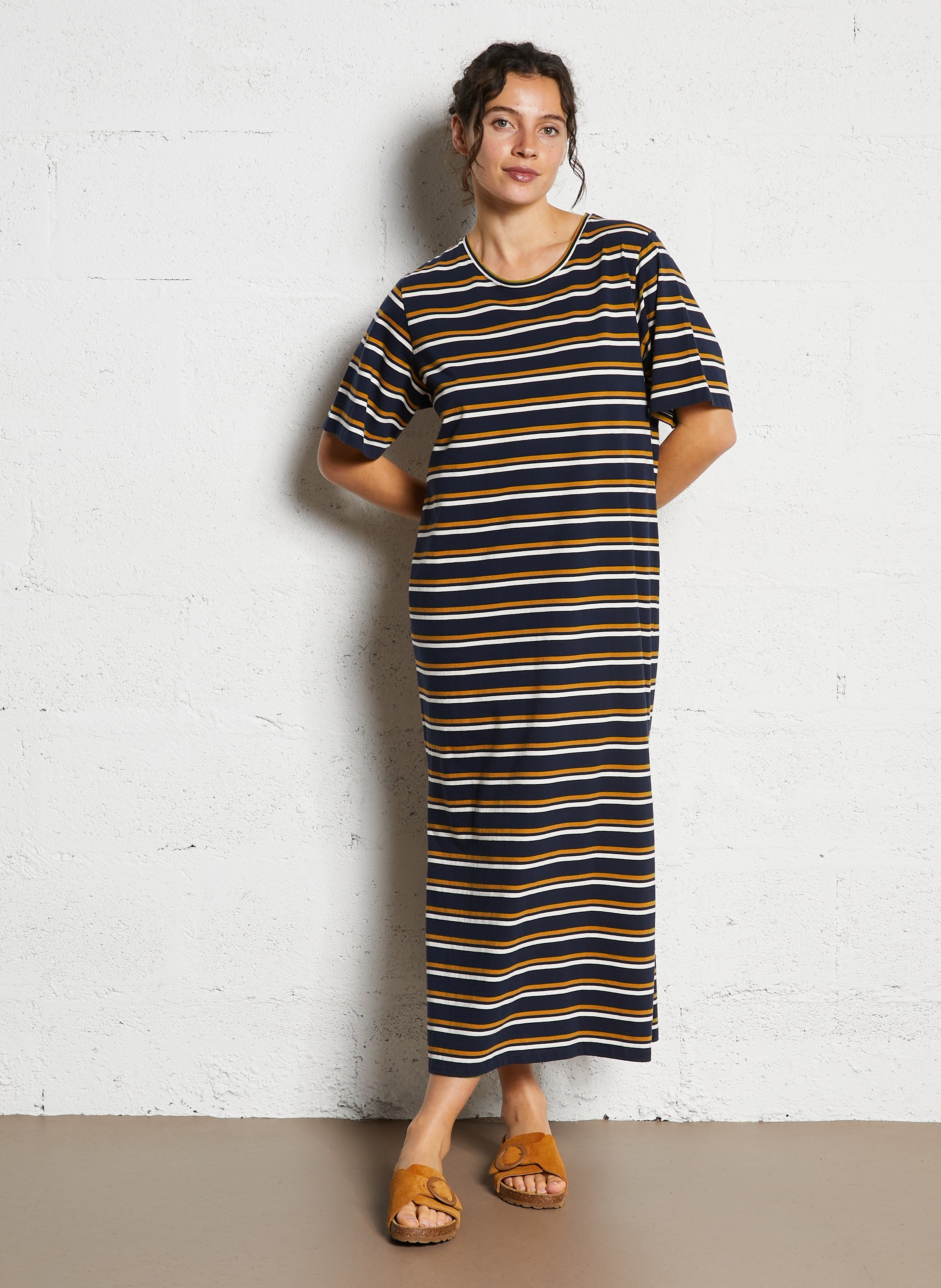 Langes, gestreiftes Baumwollkeid mit Rundhalsausschnitt NICE THINGS Blau