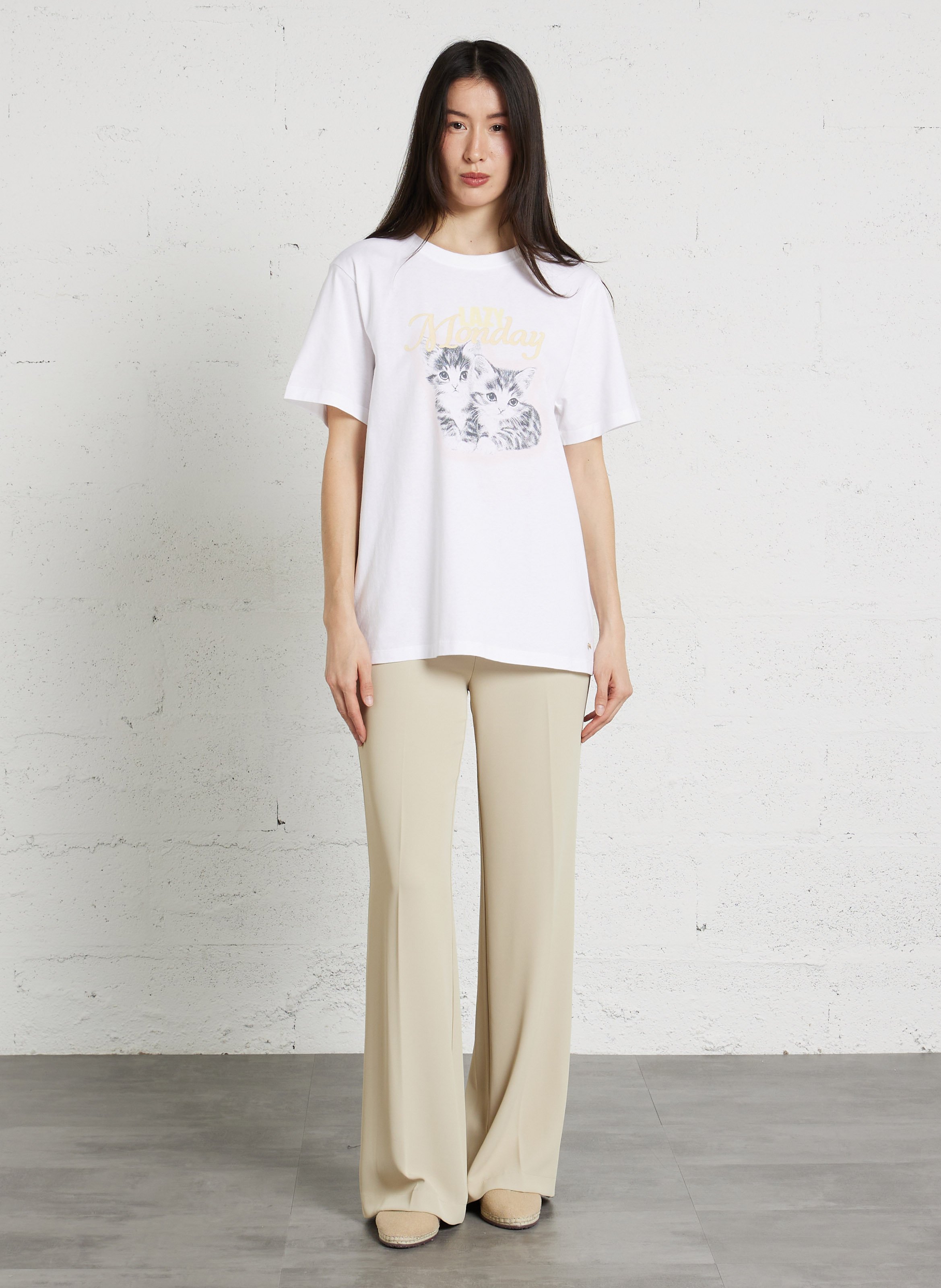 Tee-shirt droit col rond en coton DES PETITS HAUTS Beige