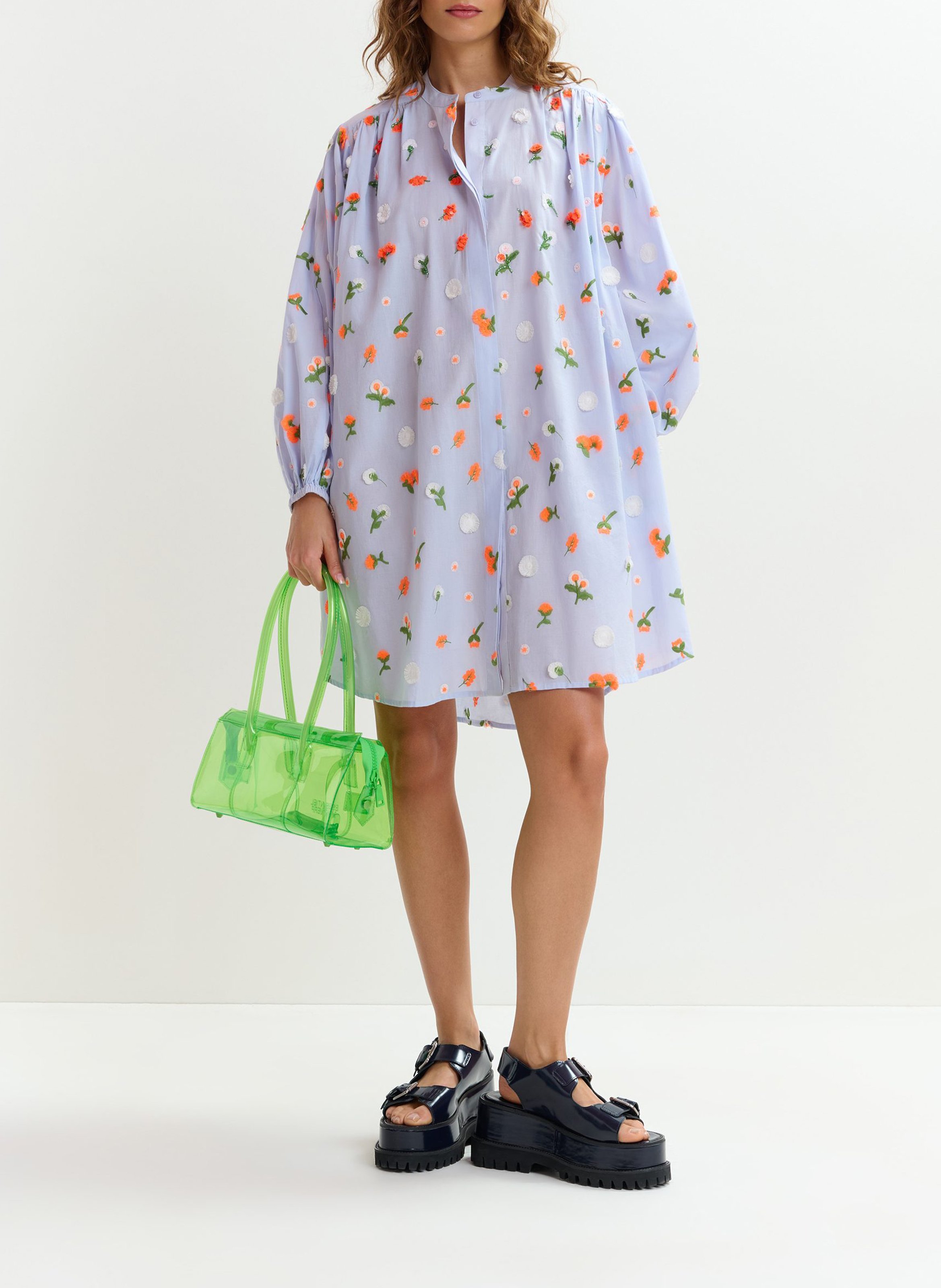 Short loose-fitting round-neck embroidered dress ESSENTIEL ANTWERP Blue