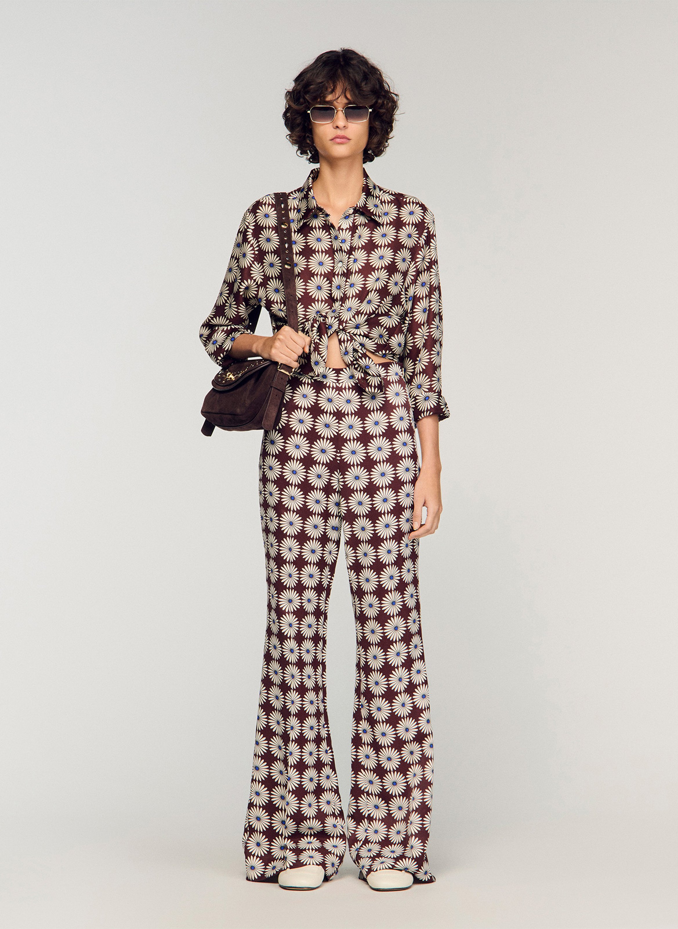 Chemise droite fleurie en soie SANDRO Bruin