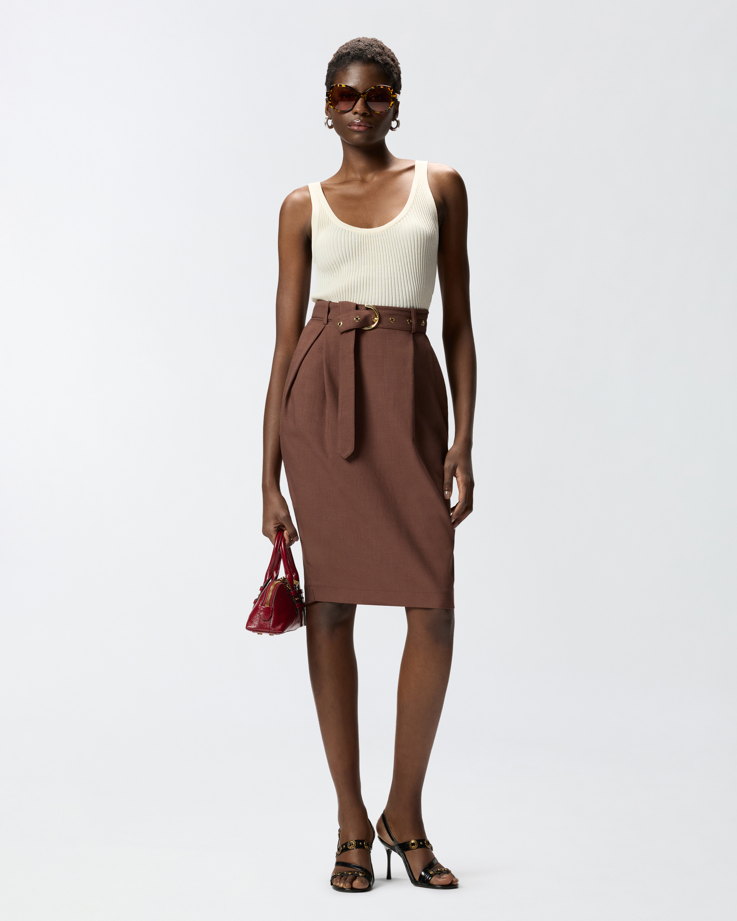Fitted midi skirt with belt PINKO Brown