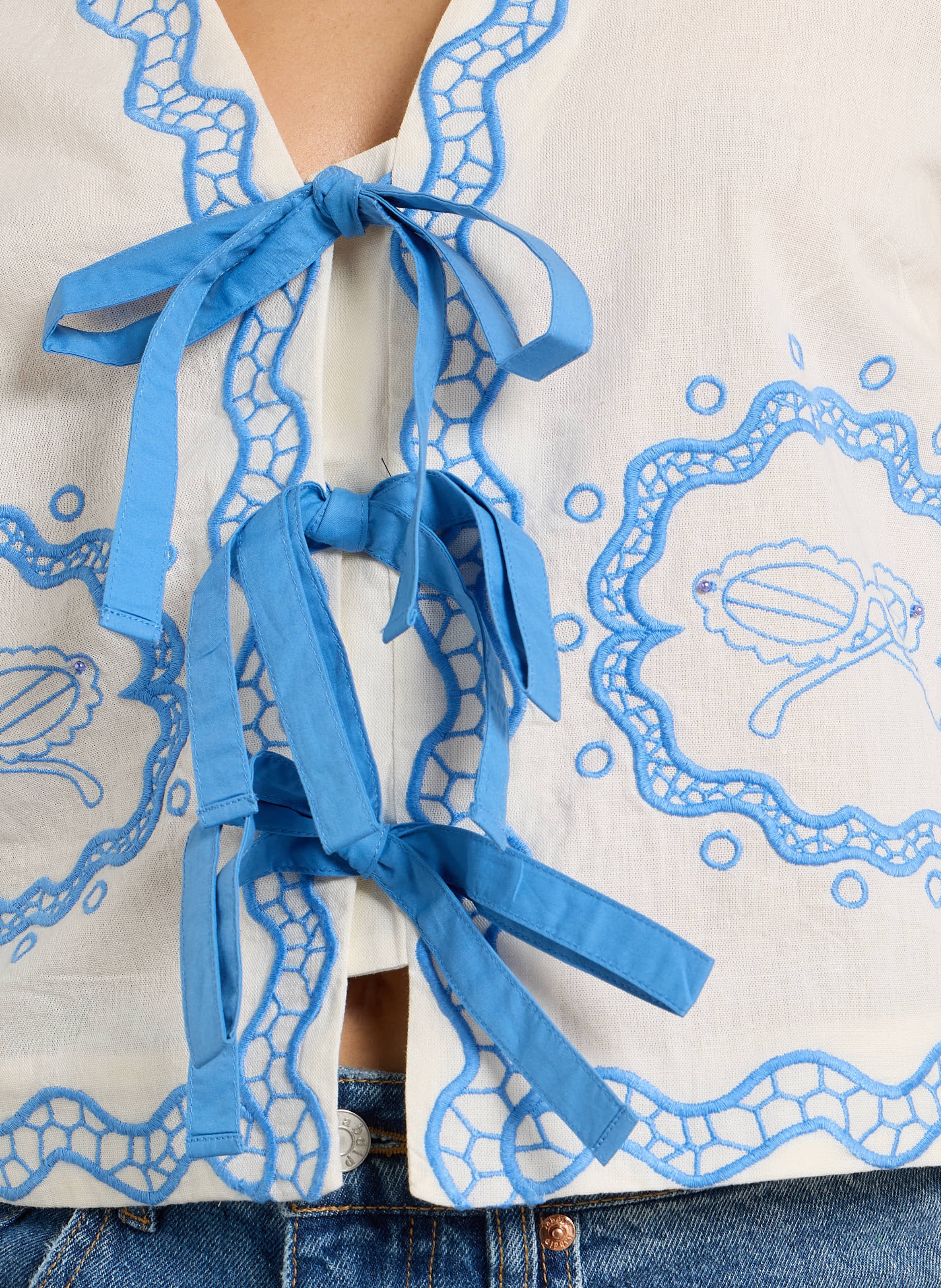 Mixed cotton v-neck top FABIENNE CHAPOT White