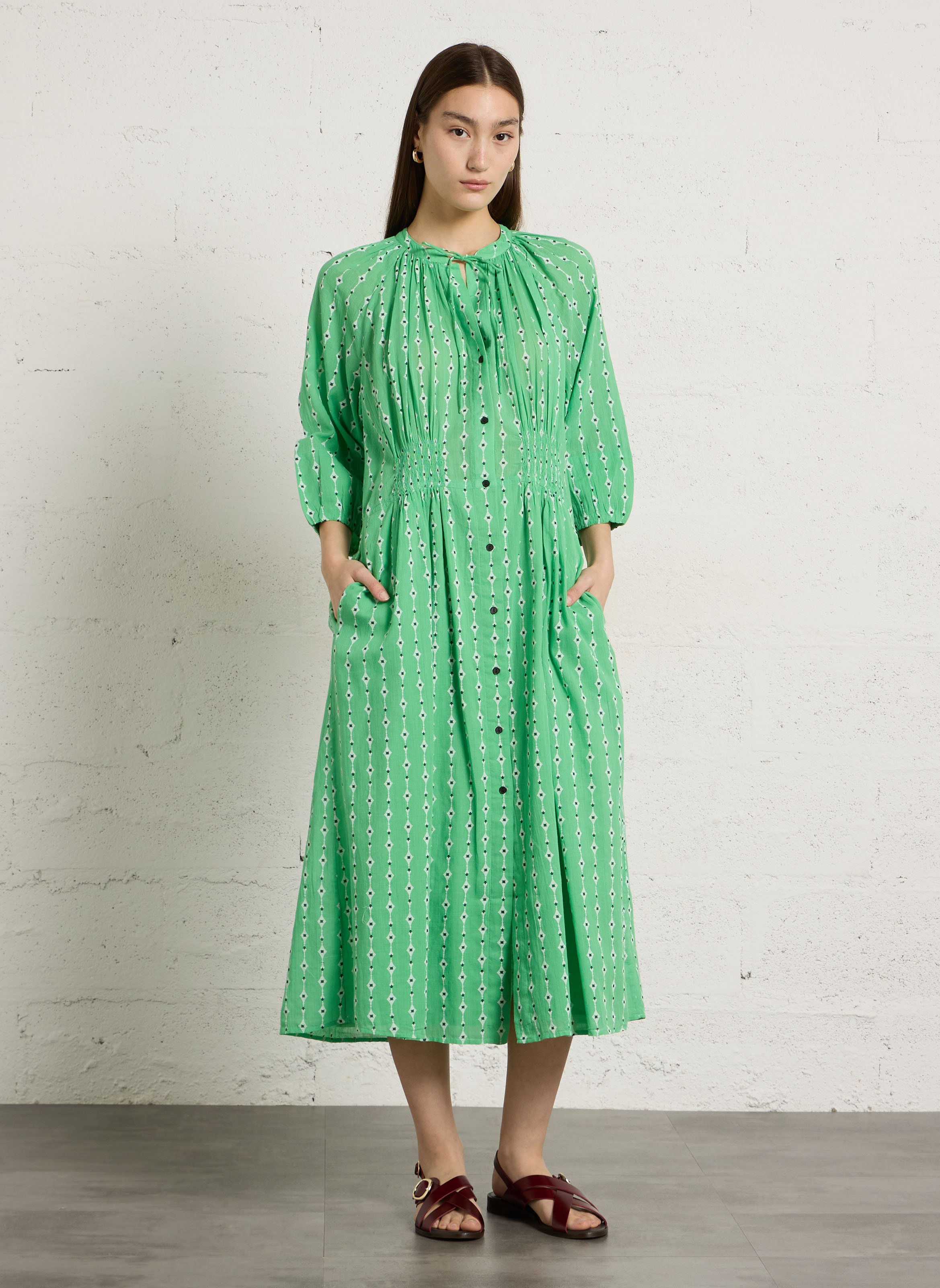 Robe longue col rond en coton bio imprimé LEON & HARPER