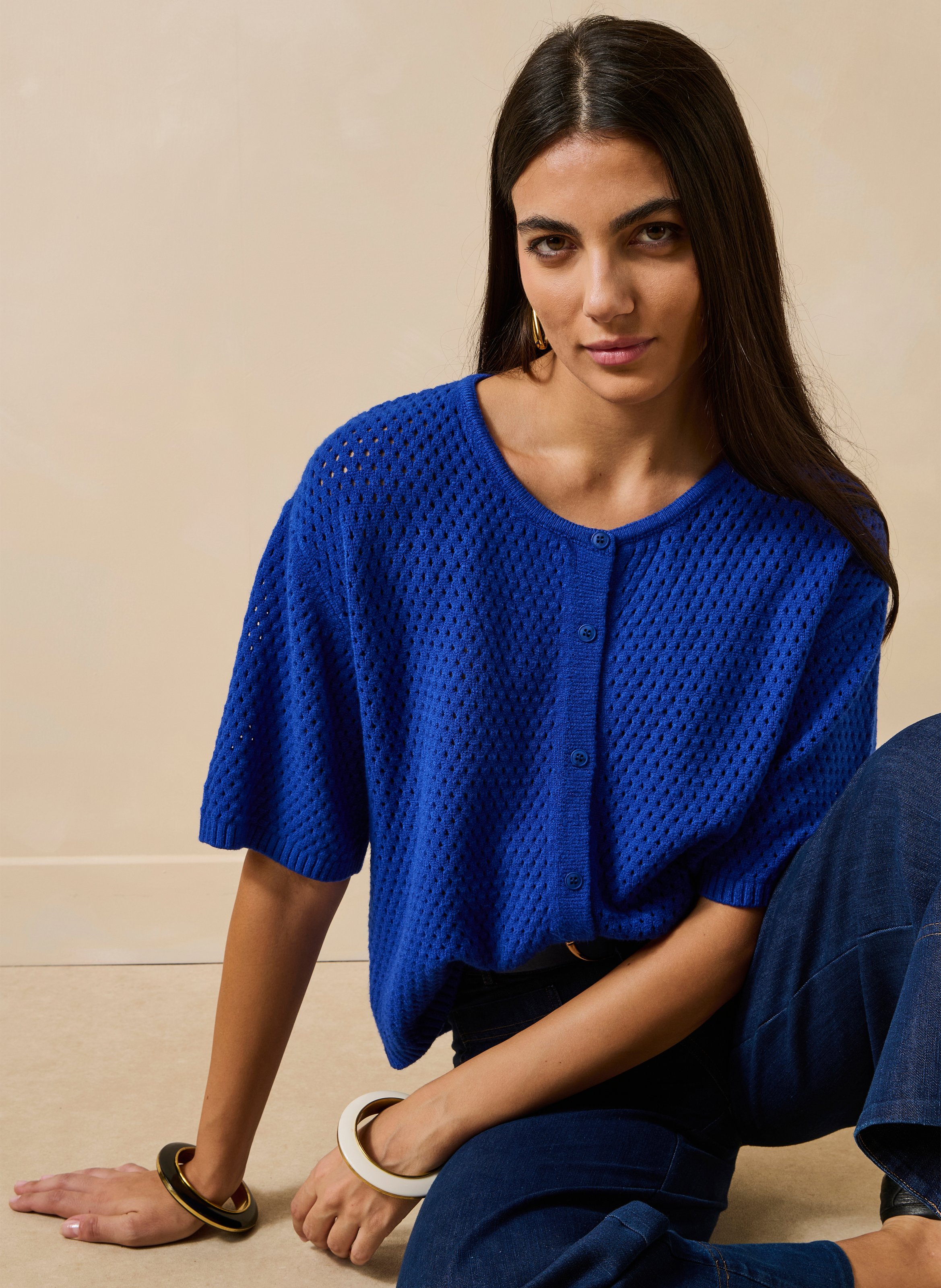 Loose round-neck sleeveless cardigan in openwork knit LA FEE MARABOUTEE Blue