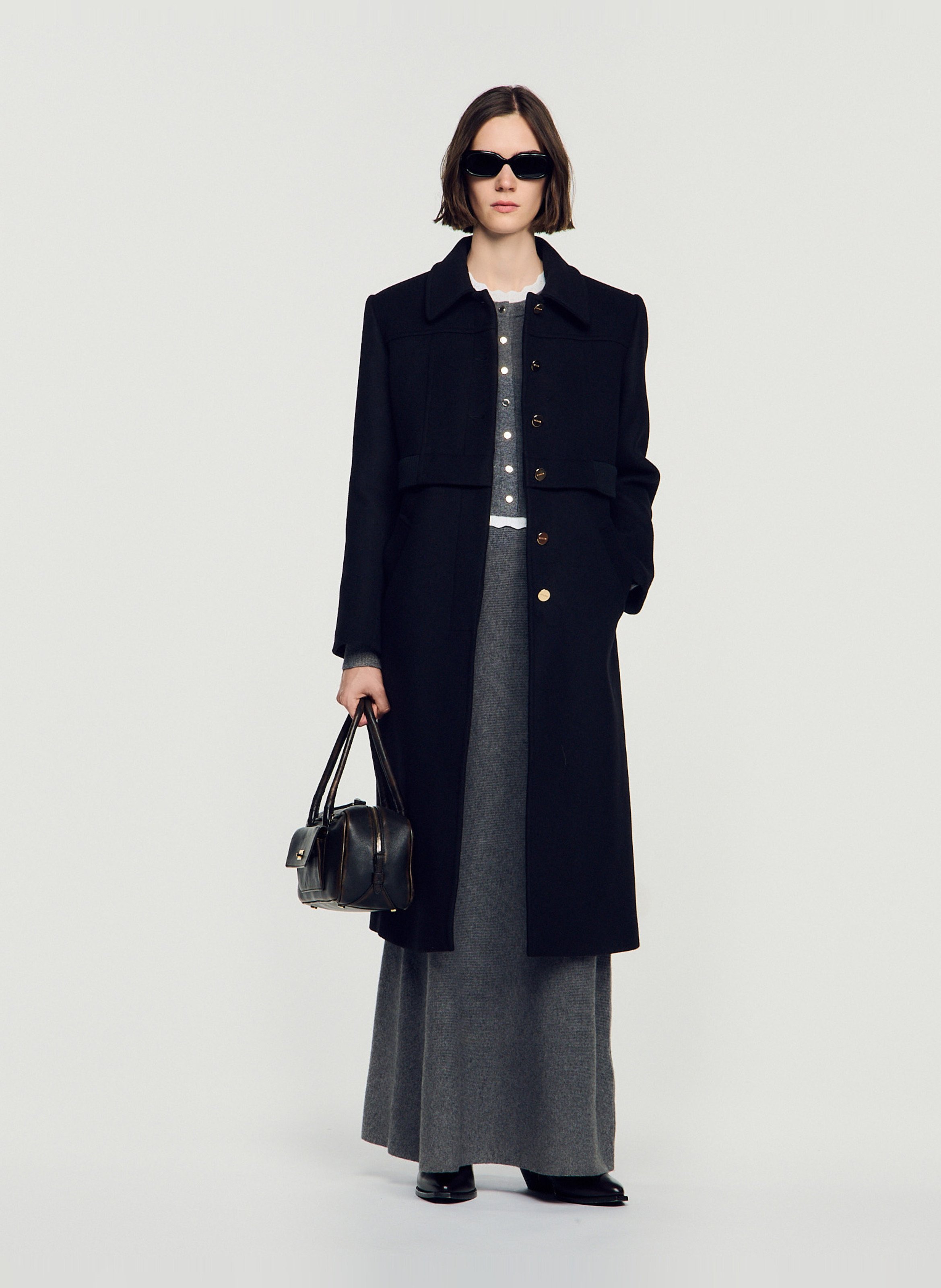 Manteau long boutonné en laine mélangée SANDRO Noir