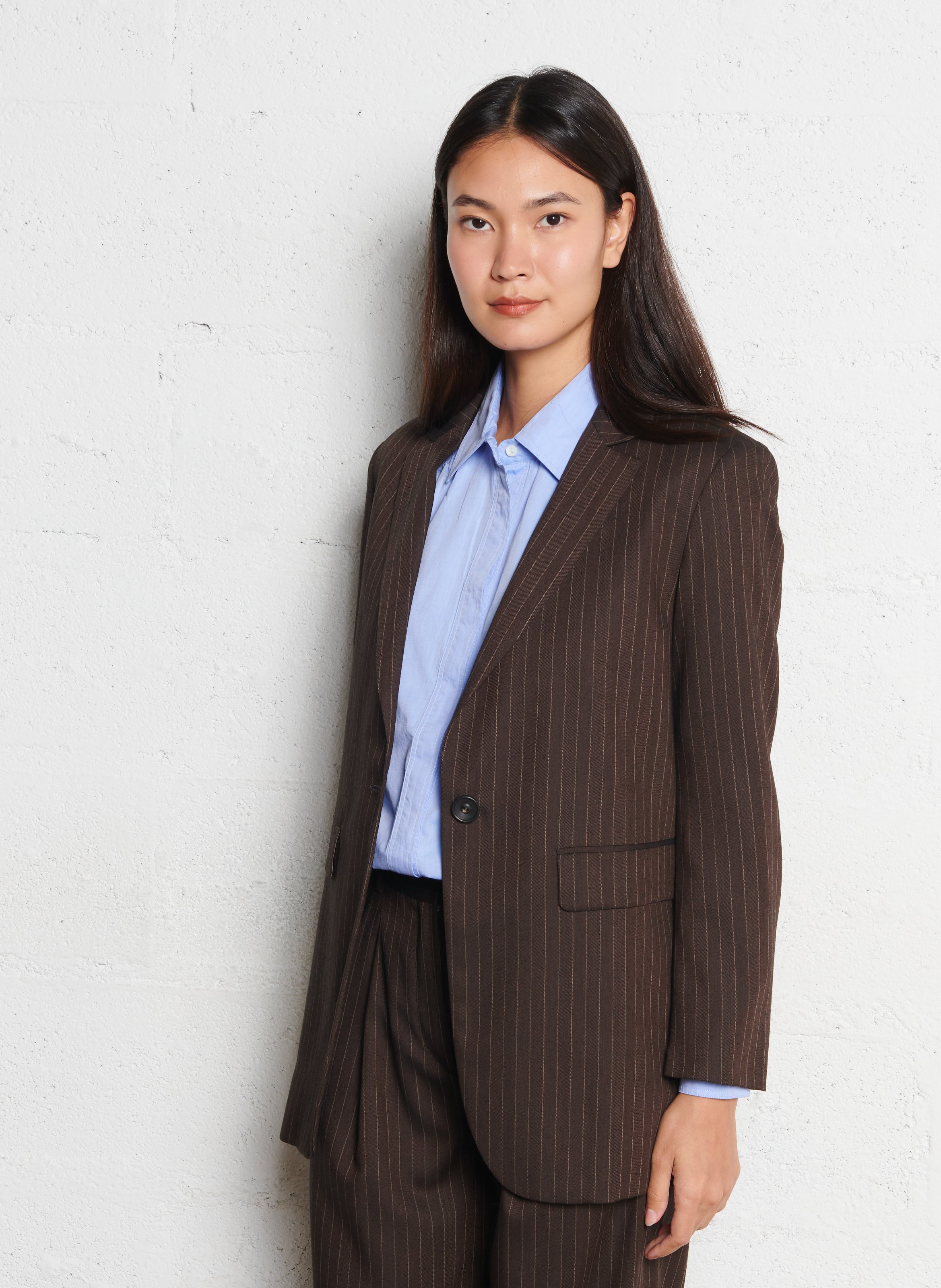 Veste droite col tailleur rayée en laine mélangée DIEGA Beige