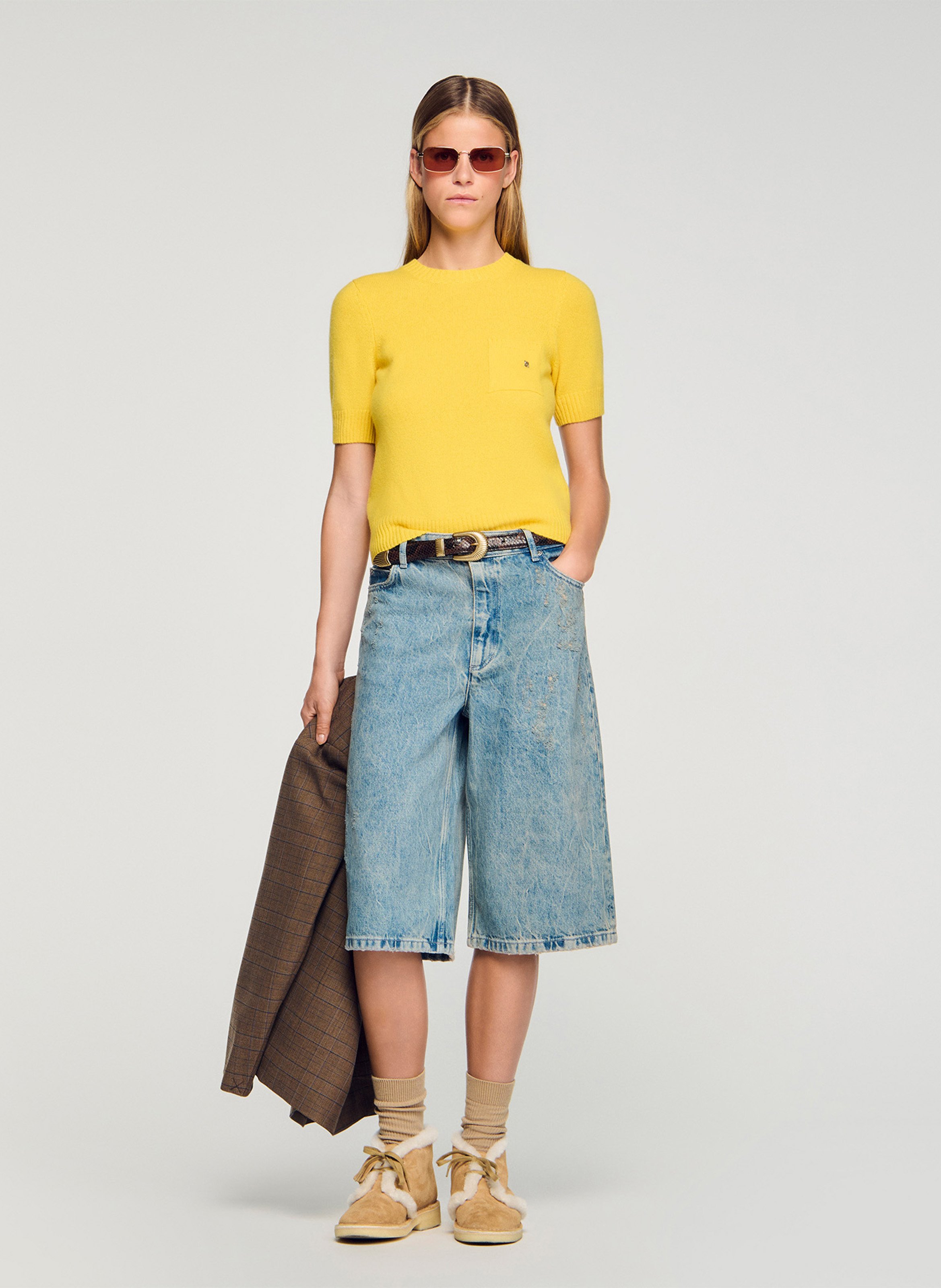 Pull col rond en laine Jaune