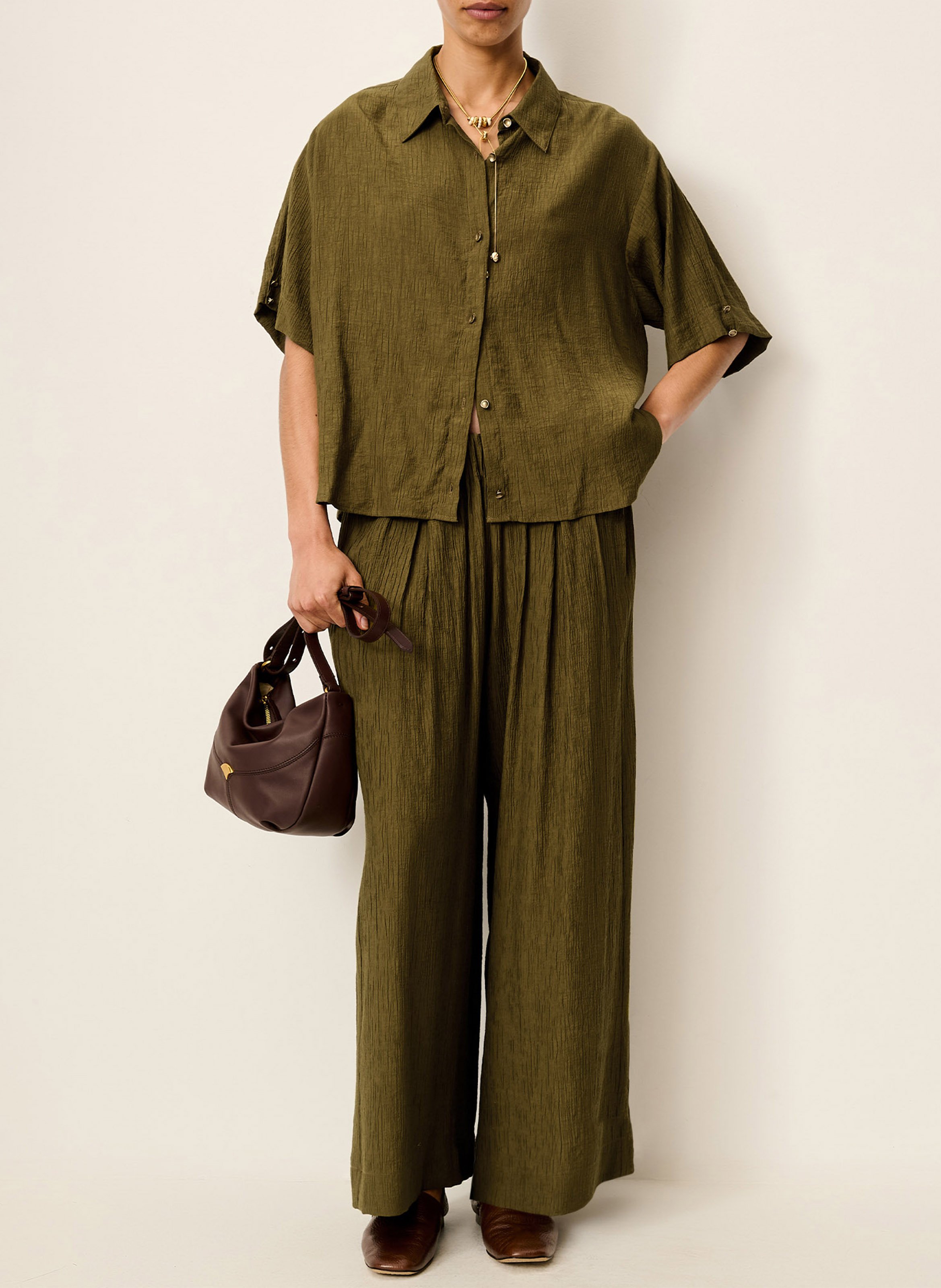 Weite 7/8-Hose aus antikem feinem Leinengewebe SESSUN Khaki